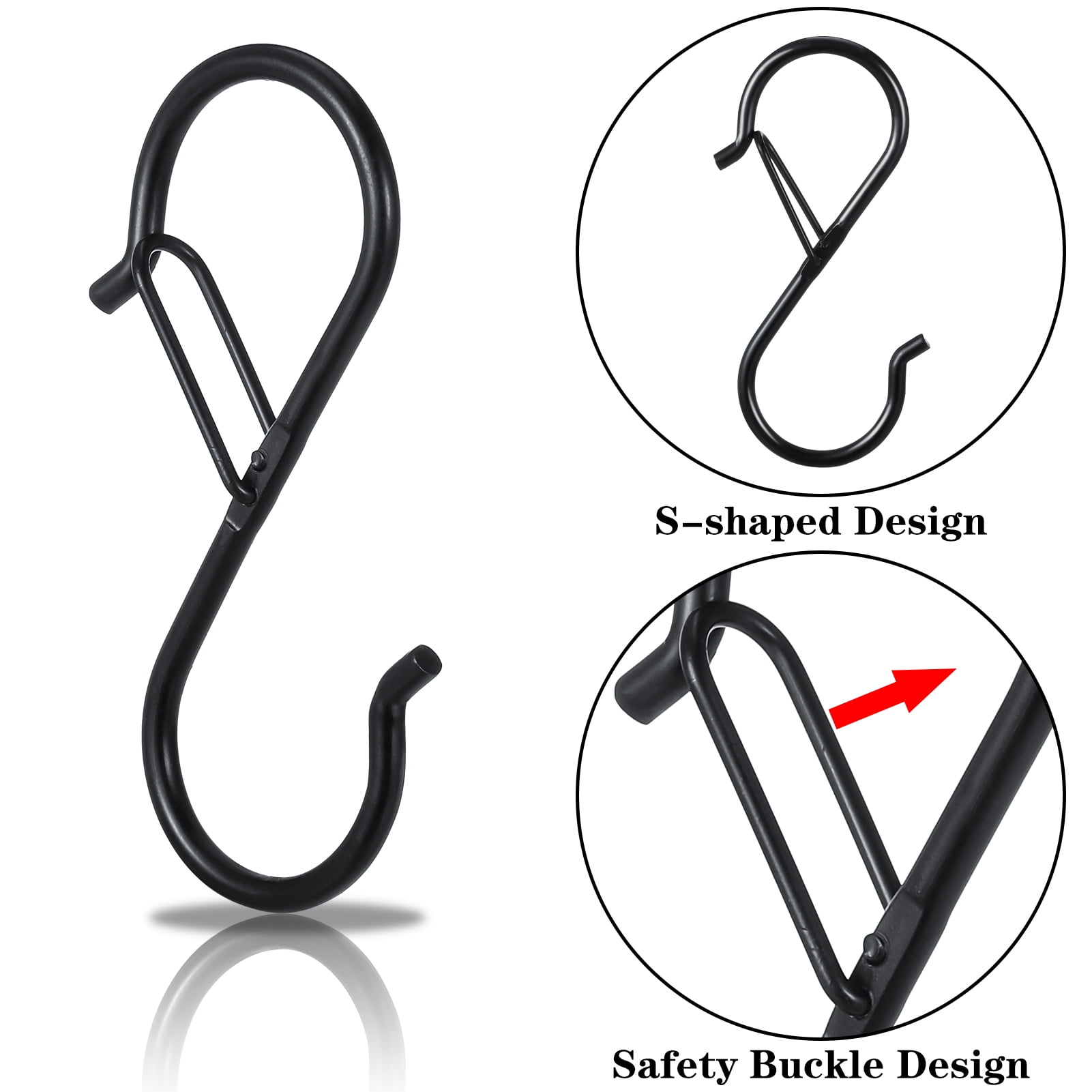 HEQUSIGNS Heavy Duty S Hooks with Safety Buckle for Kitchen and Closet Organization (Black, 12 Pack) 62x2k