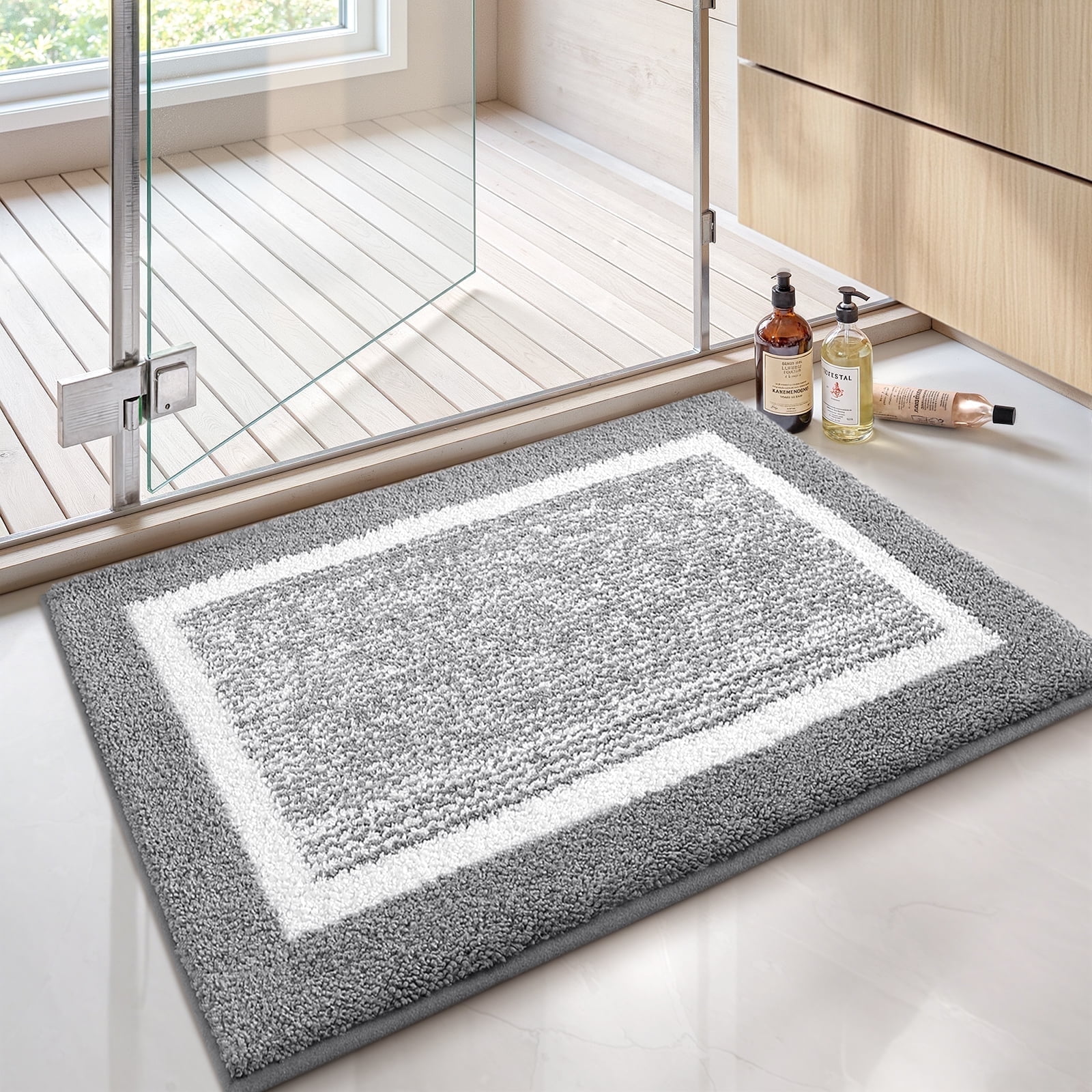 PABUBE Microfiber Shag Bathroom Rug, Non-Slip Absorbent Bath Mat for Shower and Tub (Grey and White, 16 in x 24 in) ya2x8