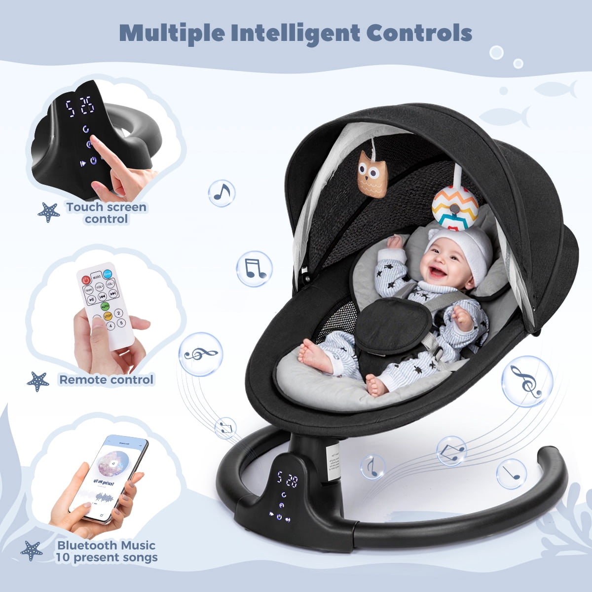 Caveen Electric Baby Swing for Infants, Bluetooth Music Bouncer Rocker with 5 Sway Modes and 5-Point Harness (Black, 24.41 in x 27.56 in x 20.87 in) jj9m7