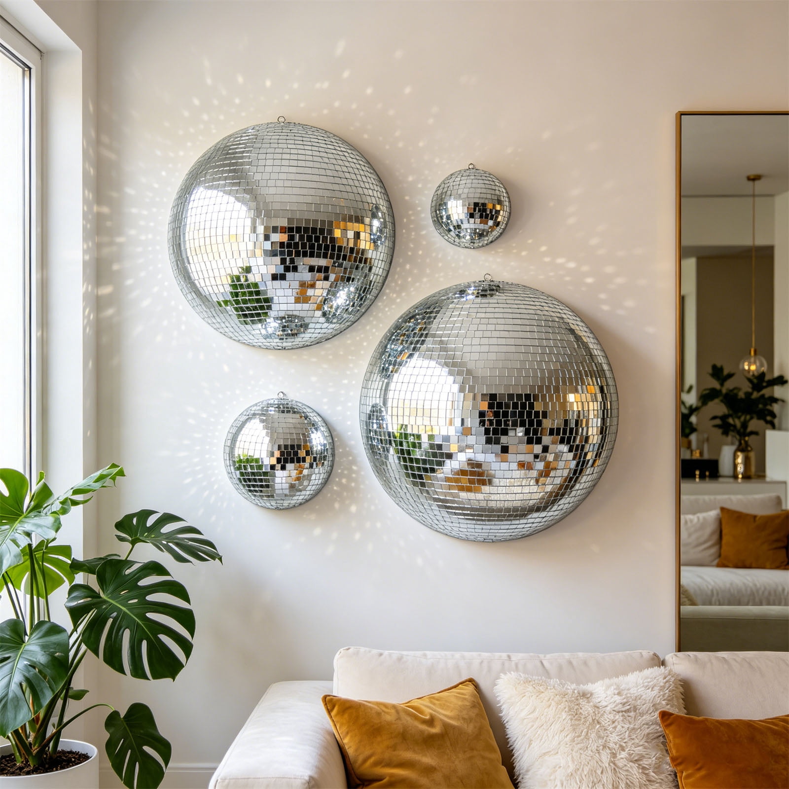 Cosfyte Mirror Disco Ball Wall Decor, Reflective Half Sphere Art for Party and Home (Silver, 3-Piece Set: 4 in, 6 in, 8 in) 6o8vh