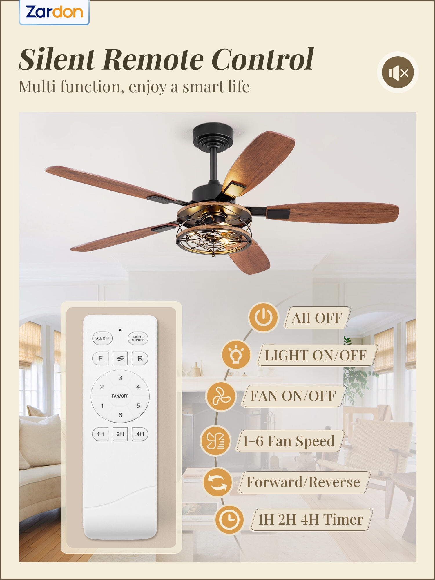 Zardon 52 in Ceiling Fan with Light and Remote Control, Brushed Nickel Finish, 6-Speed DC Motor, Reversible Blades (52 in) upt6i