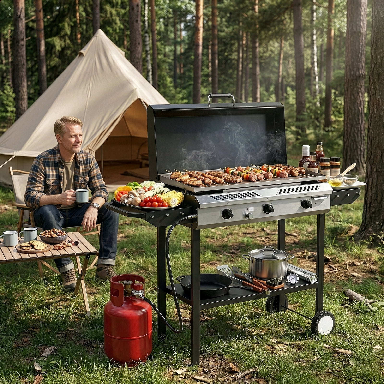 Zintown 3-Burner Outdoor Propane Gas Griddle with Portable Pan and Lid (Black, 58 in x 16.5 in x 51.5 in) r2sfz
