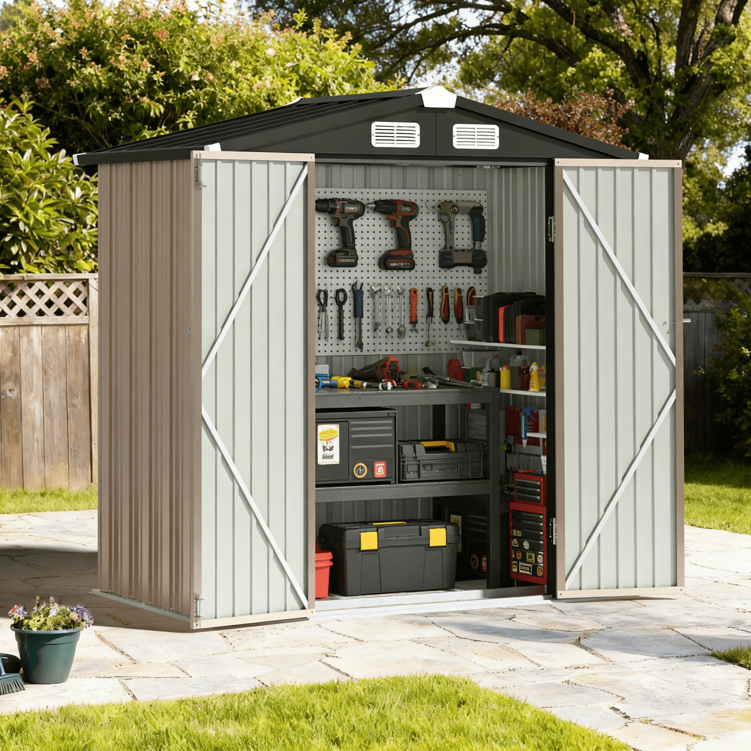 BaPiPro Outdoor Storage Shed, Heavy-Duty Galvanized Steel Garden Tool Shed with Integrated Base and Locking Doors (Brown, 79 in x 50 in x 74 in) qsn8v