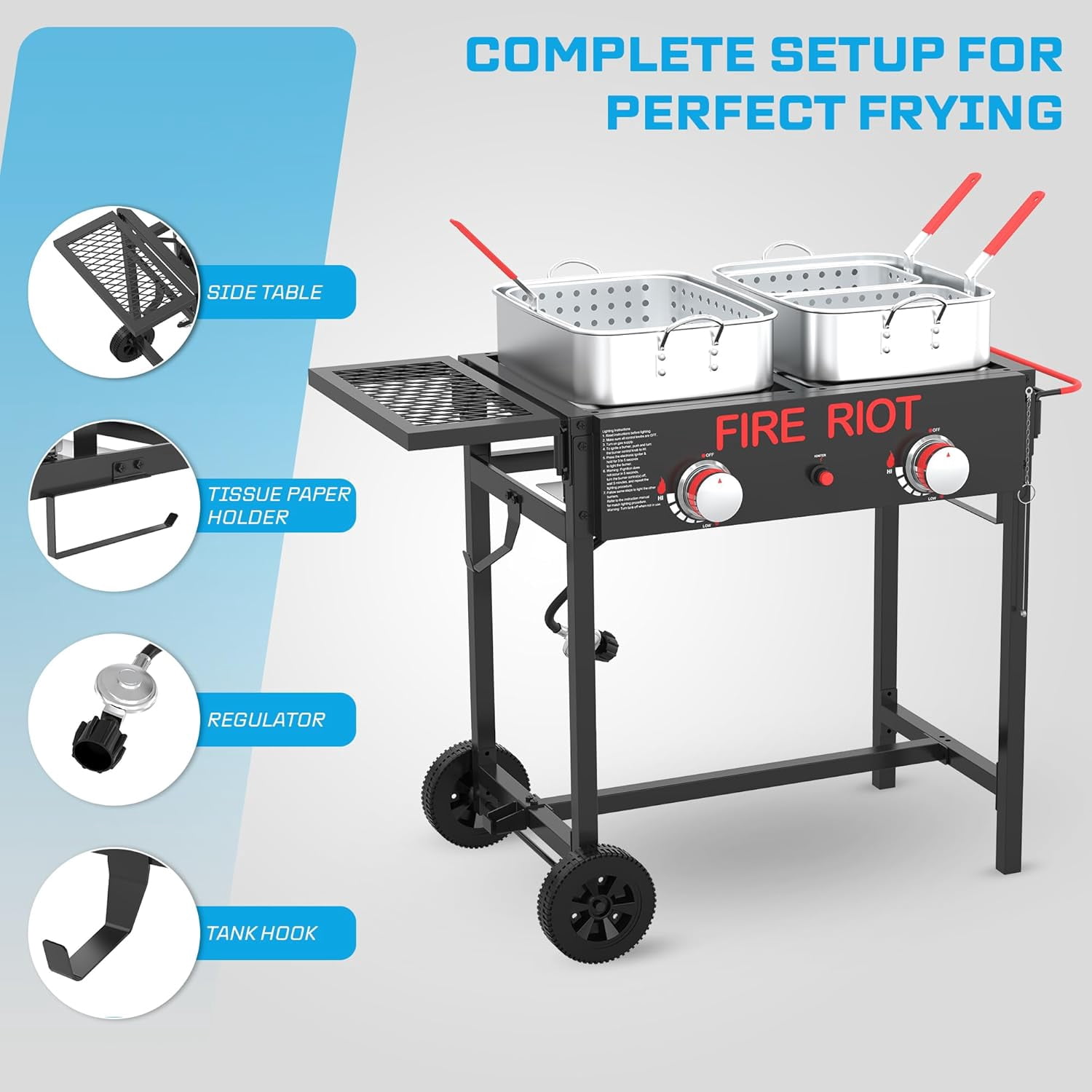 FIRE RIOT Double Burner Outdoor Propane Deep Fryer, Commercial Grade High-Power Cooker with (2) 18 qt Aluminum Pots and Baskets (Black) z7ckb