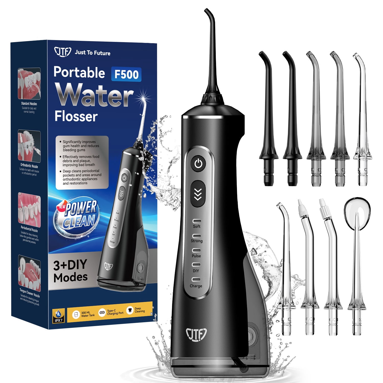 JTF Cordless Water Flosser for Teeth, Portable Oral Irrigator with 10 Pressure Levels and 9 Tips (Black, 10.14 fl oz) gkah9