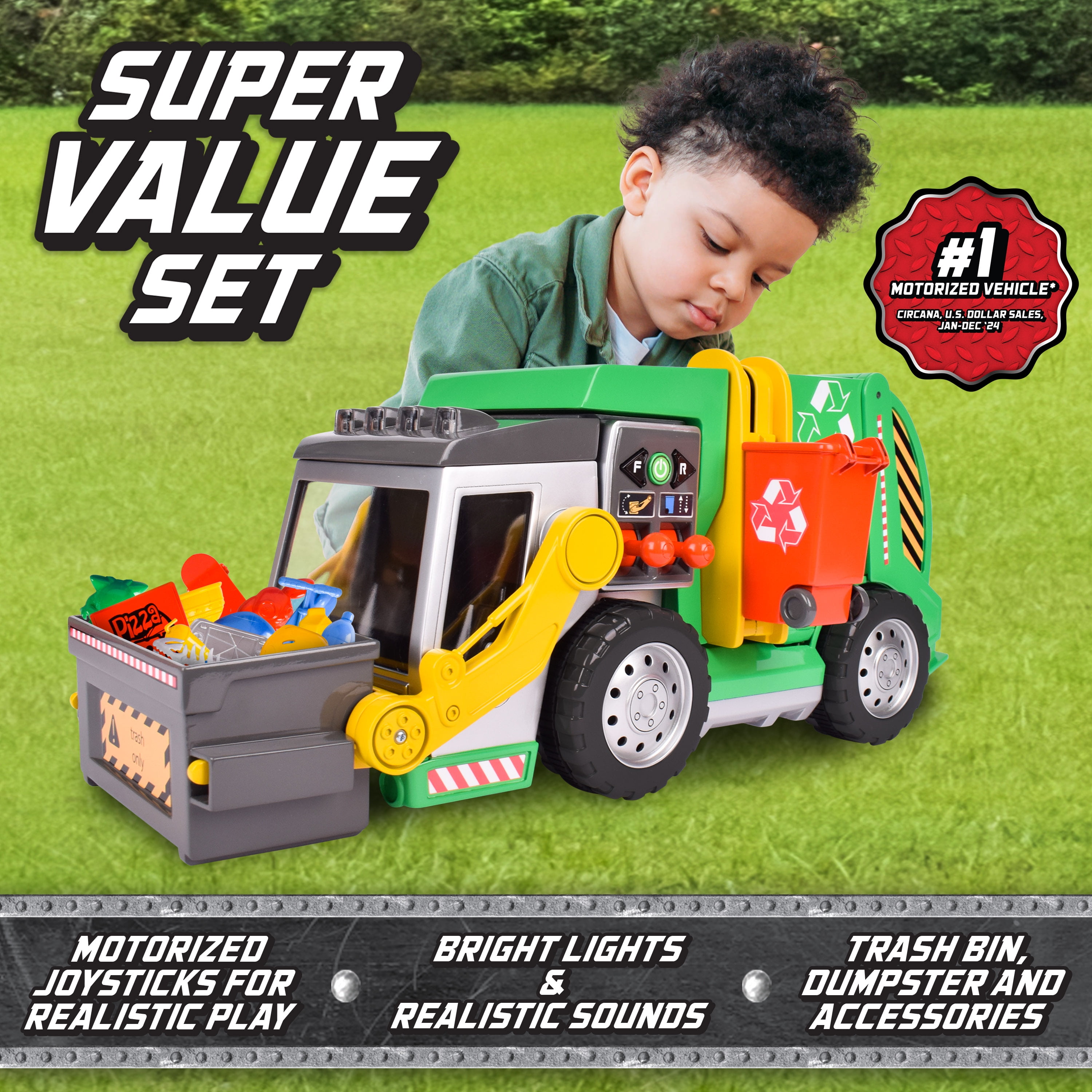 Maxx Action 3-N-1 Recycler Garbage Truck Toy with Motorized Drive, Lights, and Sounds (19 in x 9 in) s1h6f