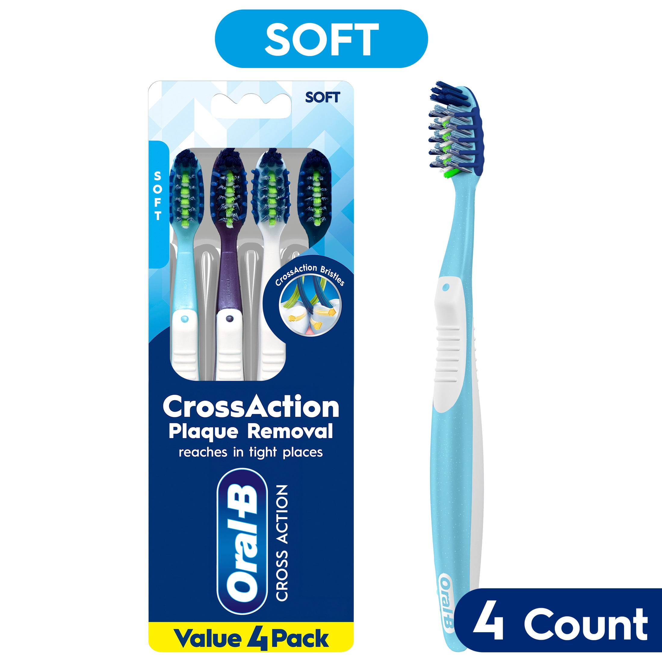 Oral-B Pro-Clean CrossAction Manual Toothbrush, Soft Bristles, Plaque Removal (Assorted Colors, 4 Count) 4d7qh