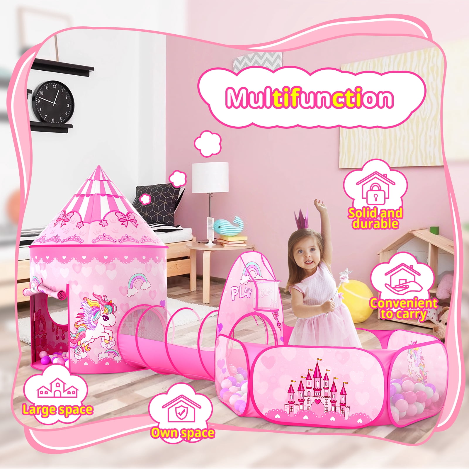 Wilwolfer Kids Play Tent and Tunnel Set with Ball Pit for Indoor and Outdoor Fun (Pink, 3-Piece Set) yqad5