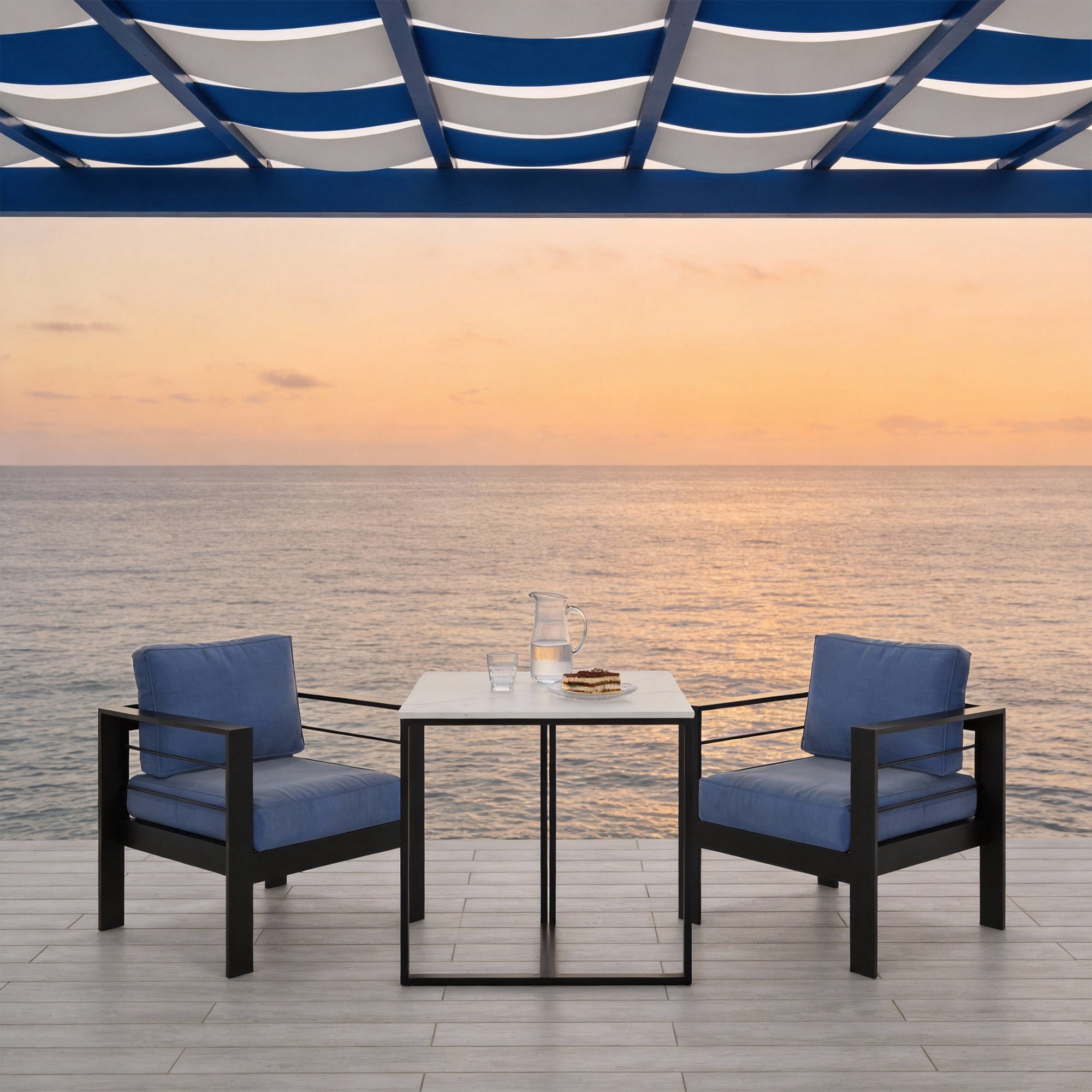 Kiootto Aluminum Patio Armchair Set (2-Piece, Blue Cushions, 28 in W x 26 in D x 32 in H) kfbl0