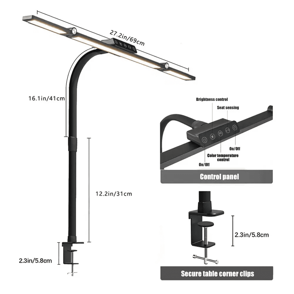 Lanthour LED Desk Lamp with Clamp, 24W Double Head Swing Arm Office Light, Stepless Dimmable with Remote (Black, 27.1 in) jcljk