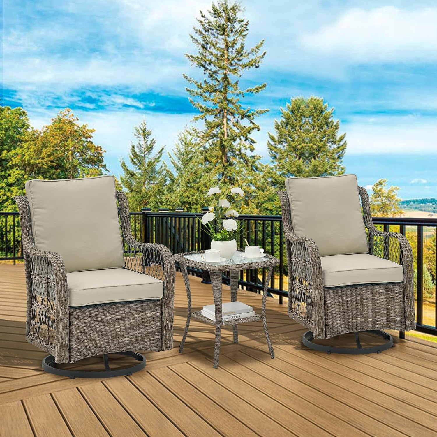 IdealHouse 3-Piece Wicker Patio Swivel Rocker Set (Grey & Apricot, 2 Glider Chairs with Side Table) 9tsuc