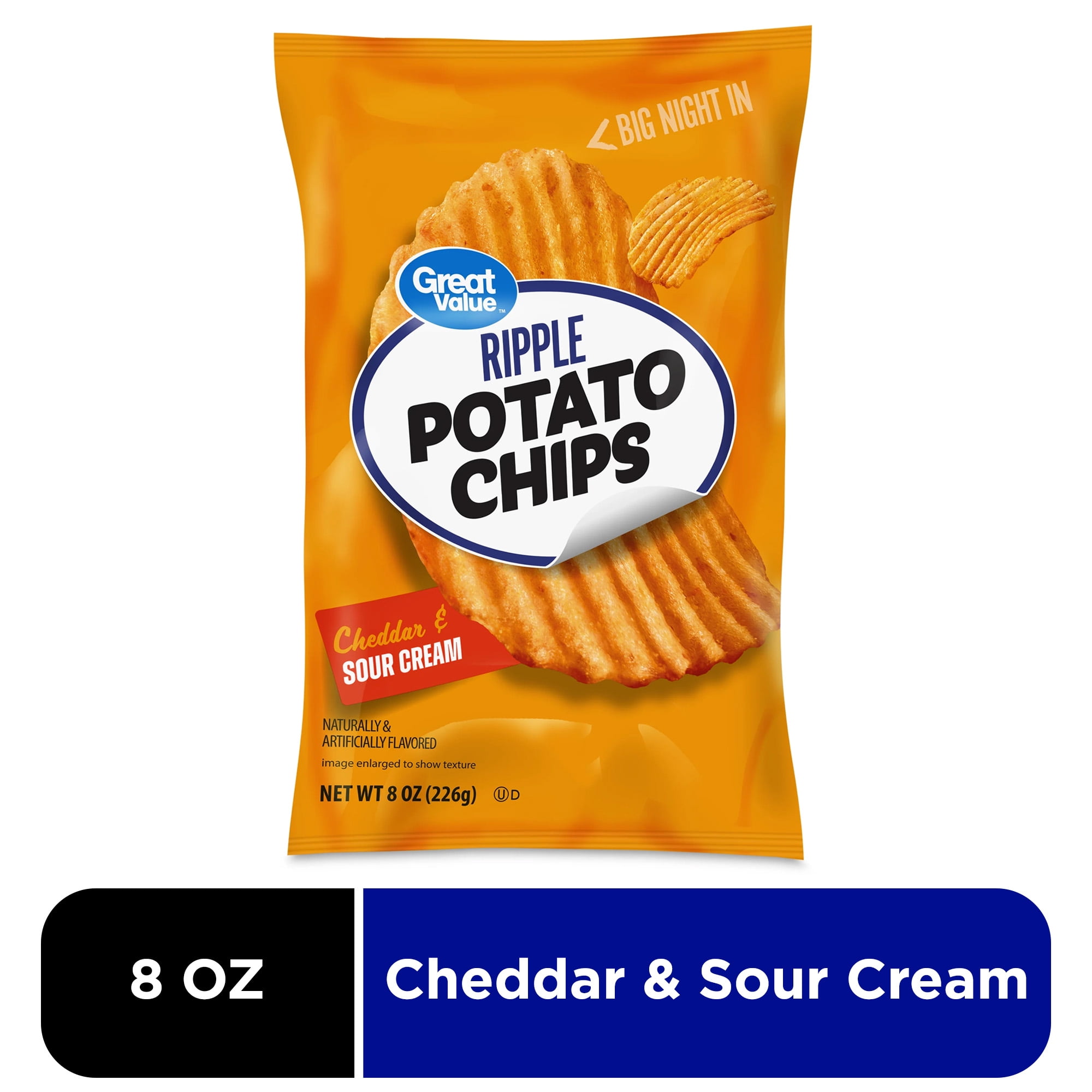 Great Value Rippled Cheddar & Sour Cream Potato Chips (4 Pack, 32 oz Total) na7y2