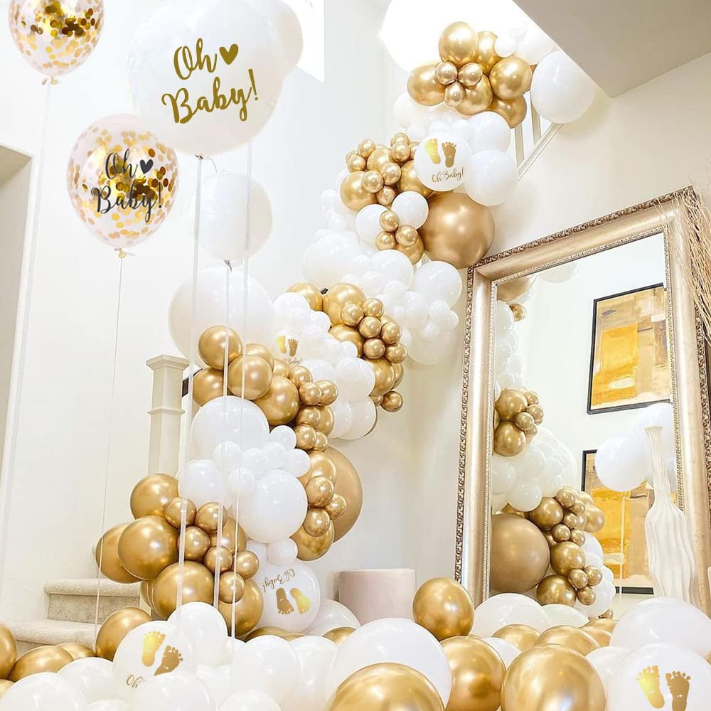 Yansion Baby Shower Decoration Set with White Gold Confetti Balloons Garland Arch and Mommy To Be Sash (56 Piece Set) gbtds