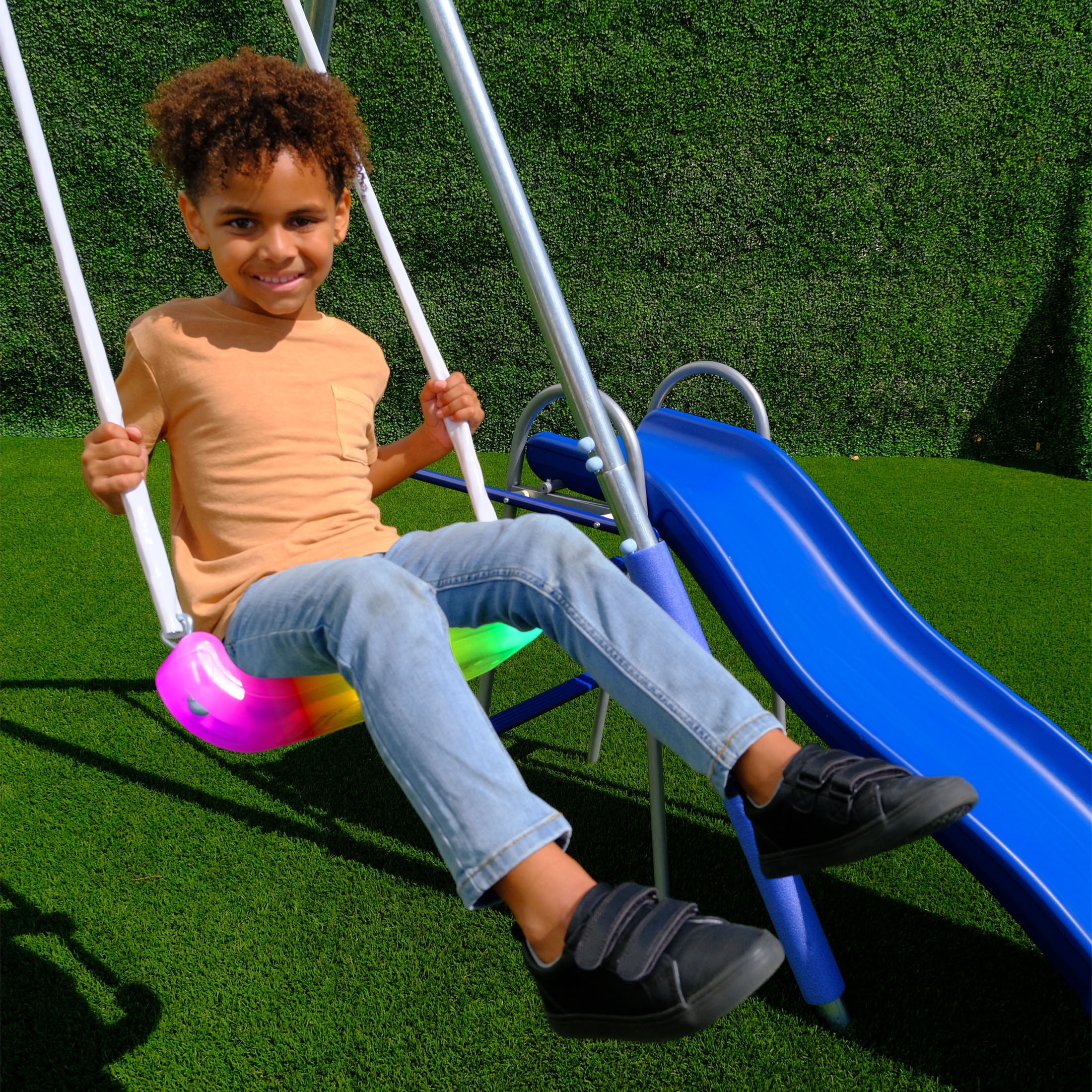 The Swing Company Oxford Galvanized Metal Swing Set with LED Swing, Saucer Swing, and 5-ft Slide (Green, 1 Set) guzy7