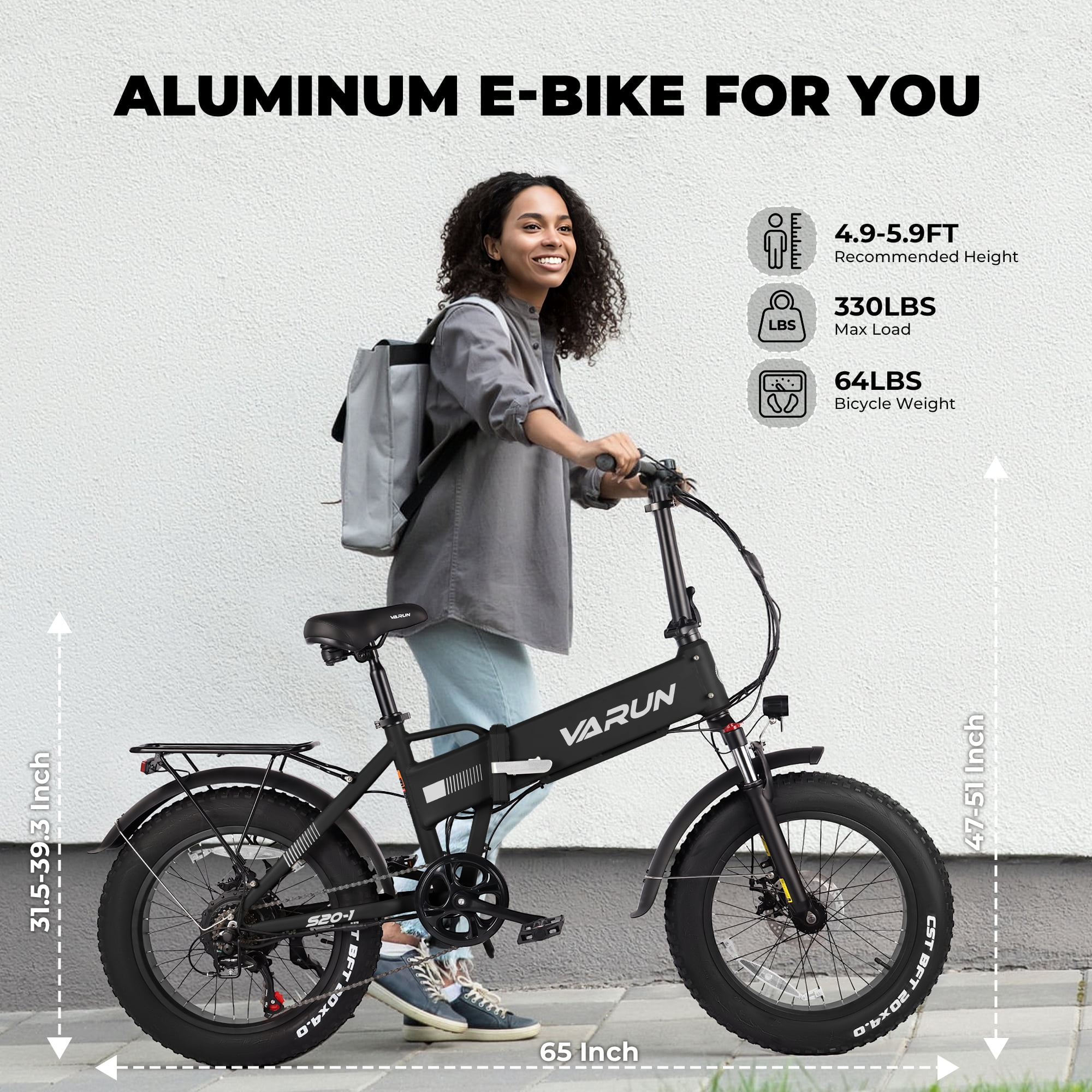 VARUN 20 in Folding Electric Bike for Adults, Fat Tire E-Bike with 750W Motor and 62 Mile Range (Black, 20 in) rg2fg