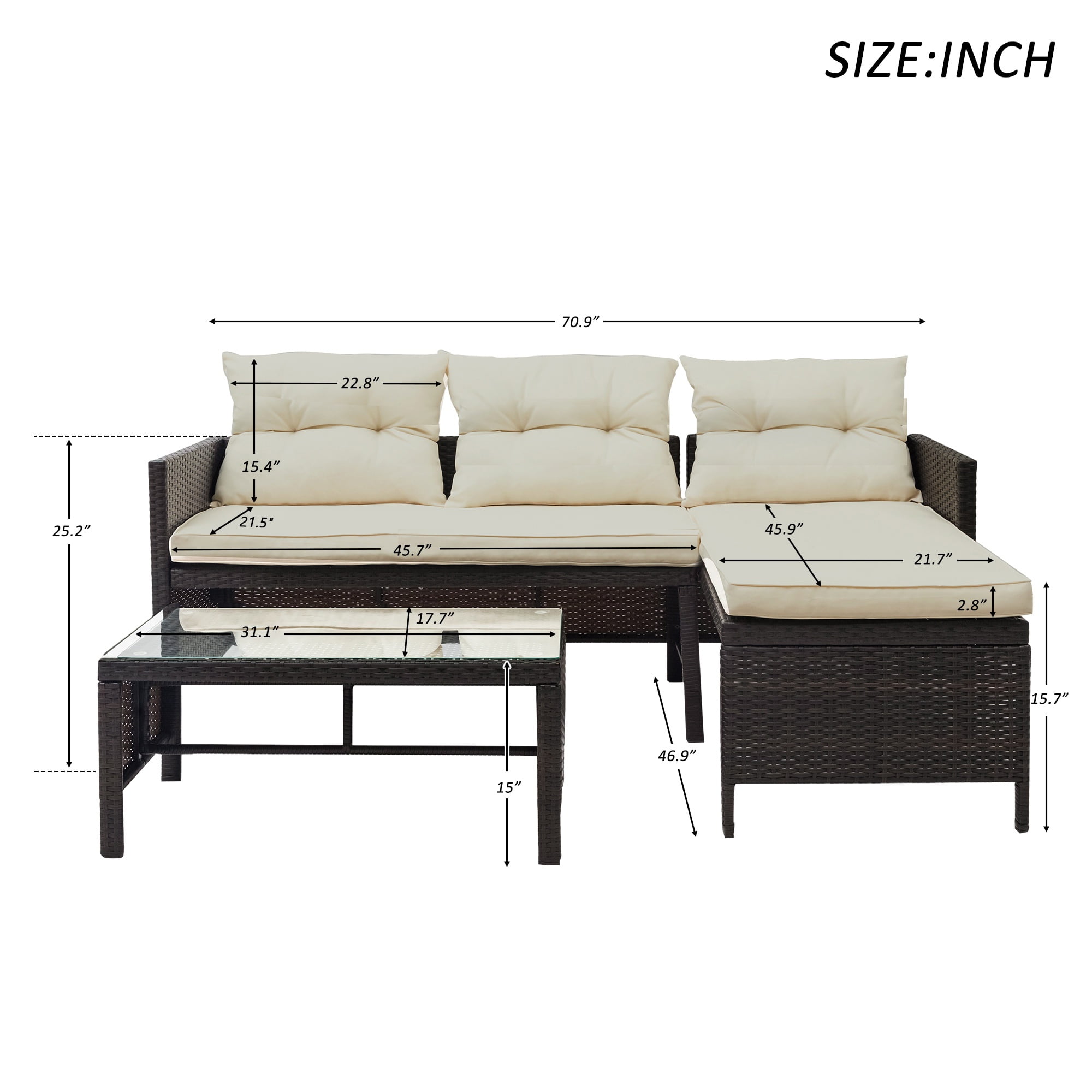 Syngar 3-Piece Outdoor Patio Furniture Sectional Set, PE Rattan Wicker Conversation Set with Cushions and Coffee Table (Beige, 3-Piece Set) 14sg0