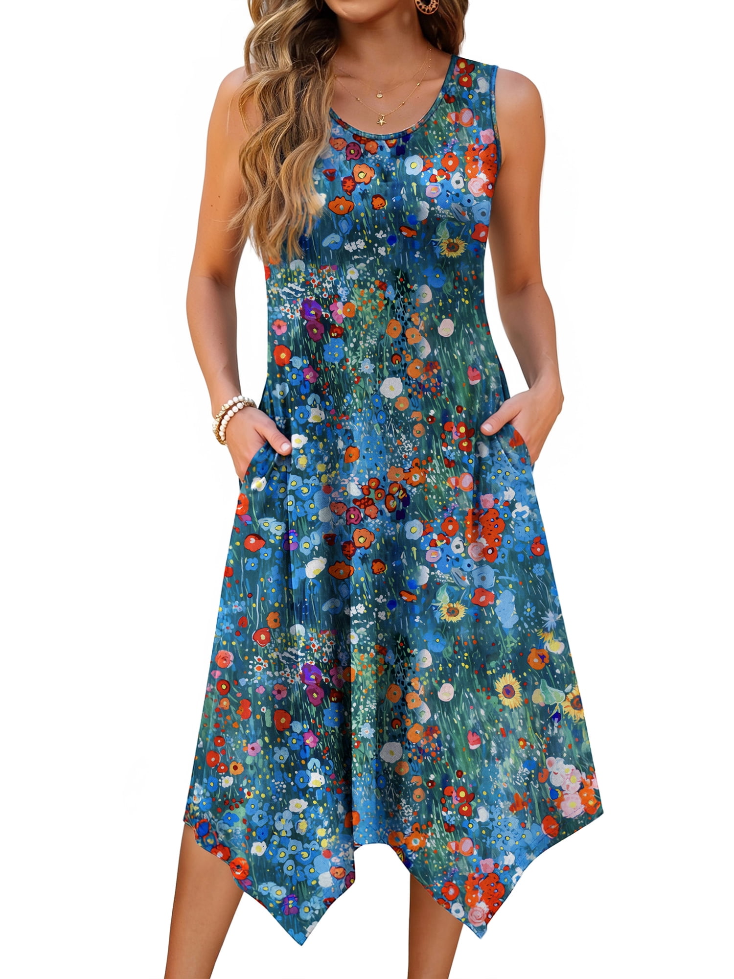 Fantaslook Floral Tank Dress for Women Sleeveless Asymmetrical Hem Sundress with Pockets (Blue, L) myn9q