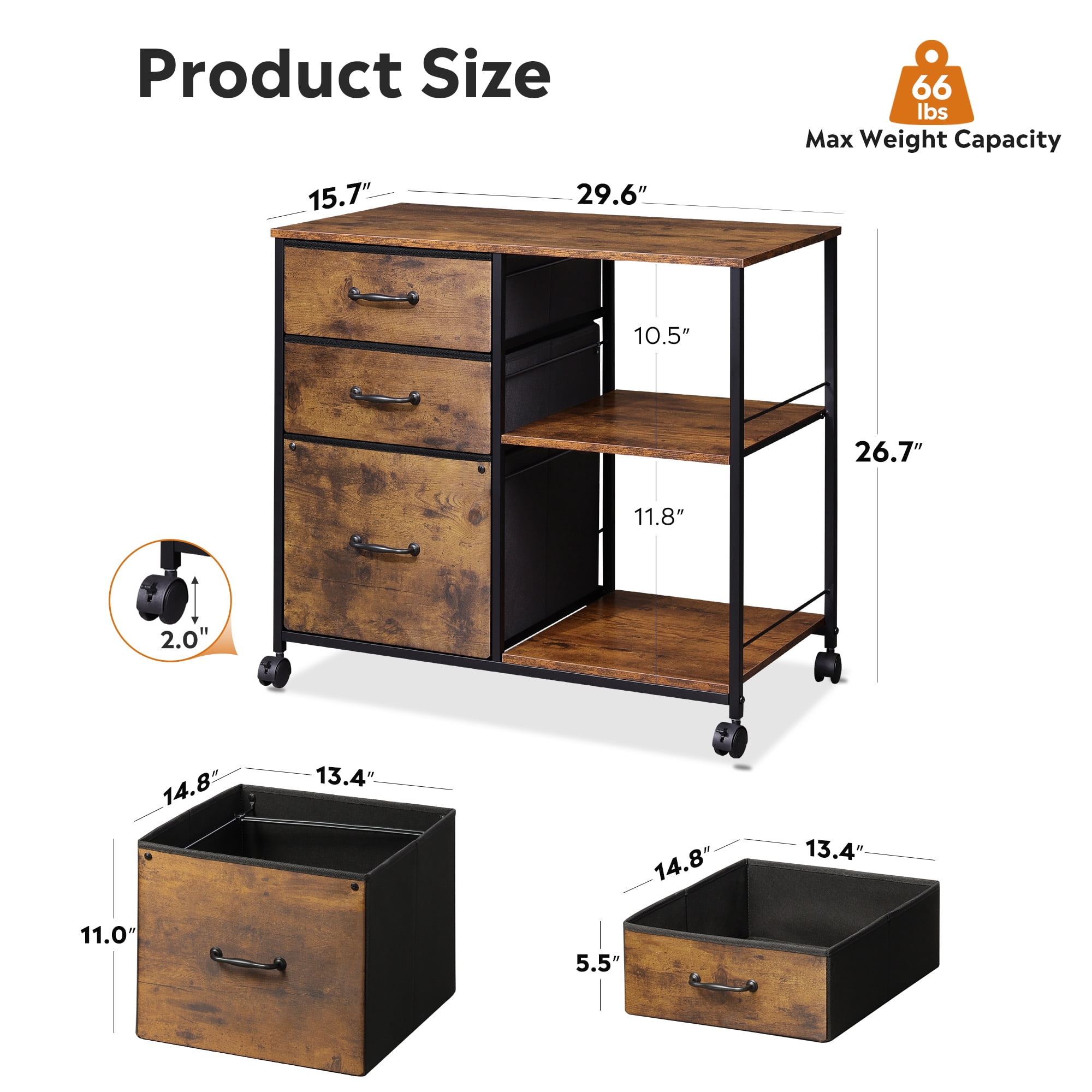 GALAXHERO 3-Drawer Rolling File Cabinet, Mobile Printer Stand with Side Storage, Rustic Brown Wood Grain (Fits Letter/A4) zs2sv