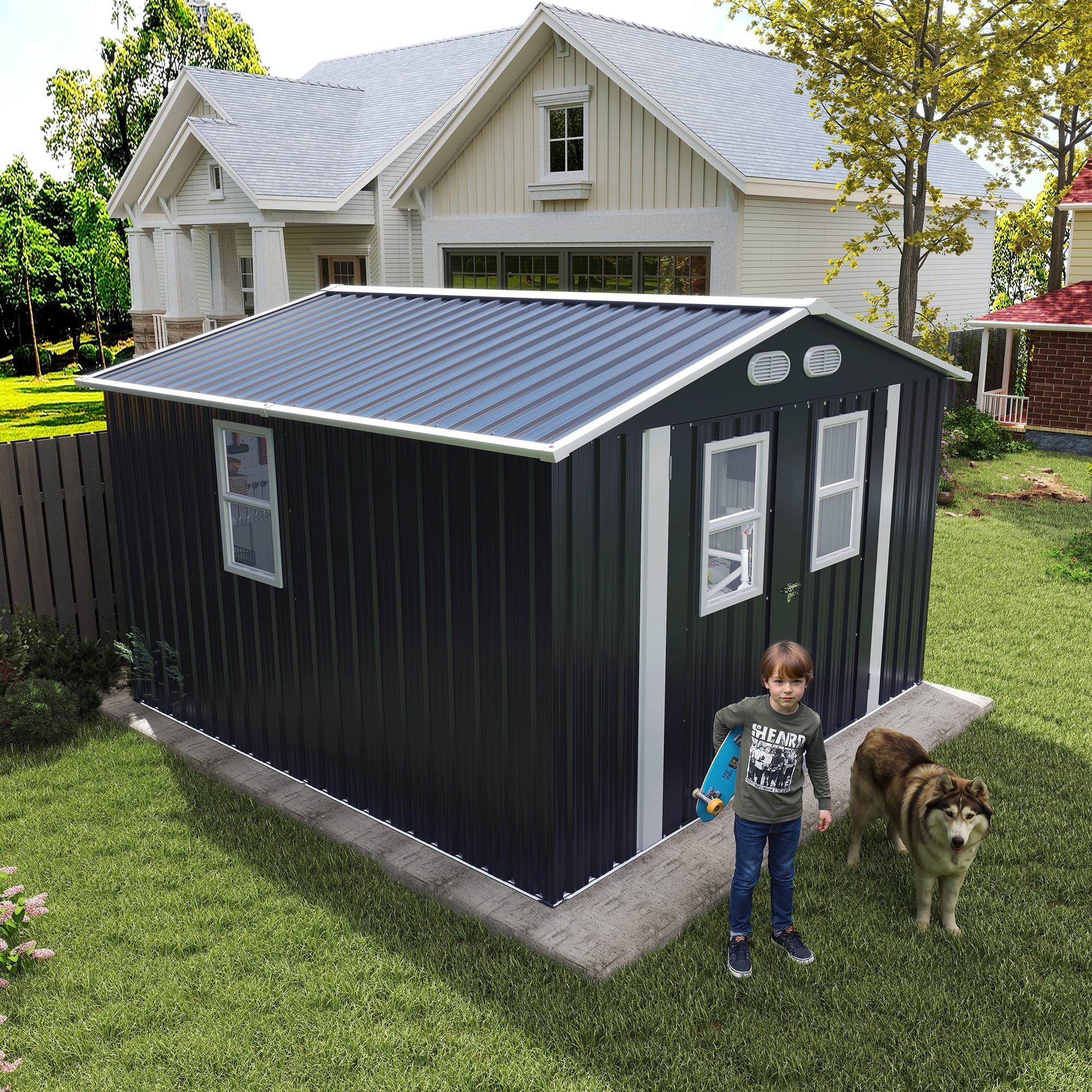 Olurrisa Outdoor Storage Shed, Metal Garden Tool Shed with 4 Windows and Lockable Door (Dark Gray, 8 ft x 8 ft) 3yi8b