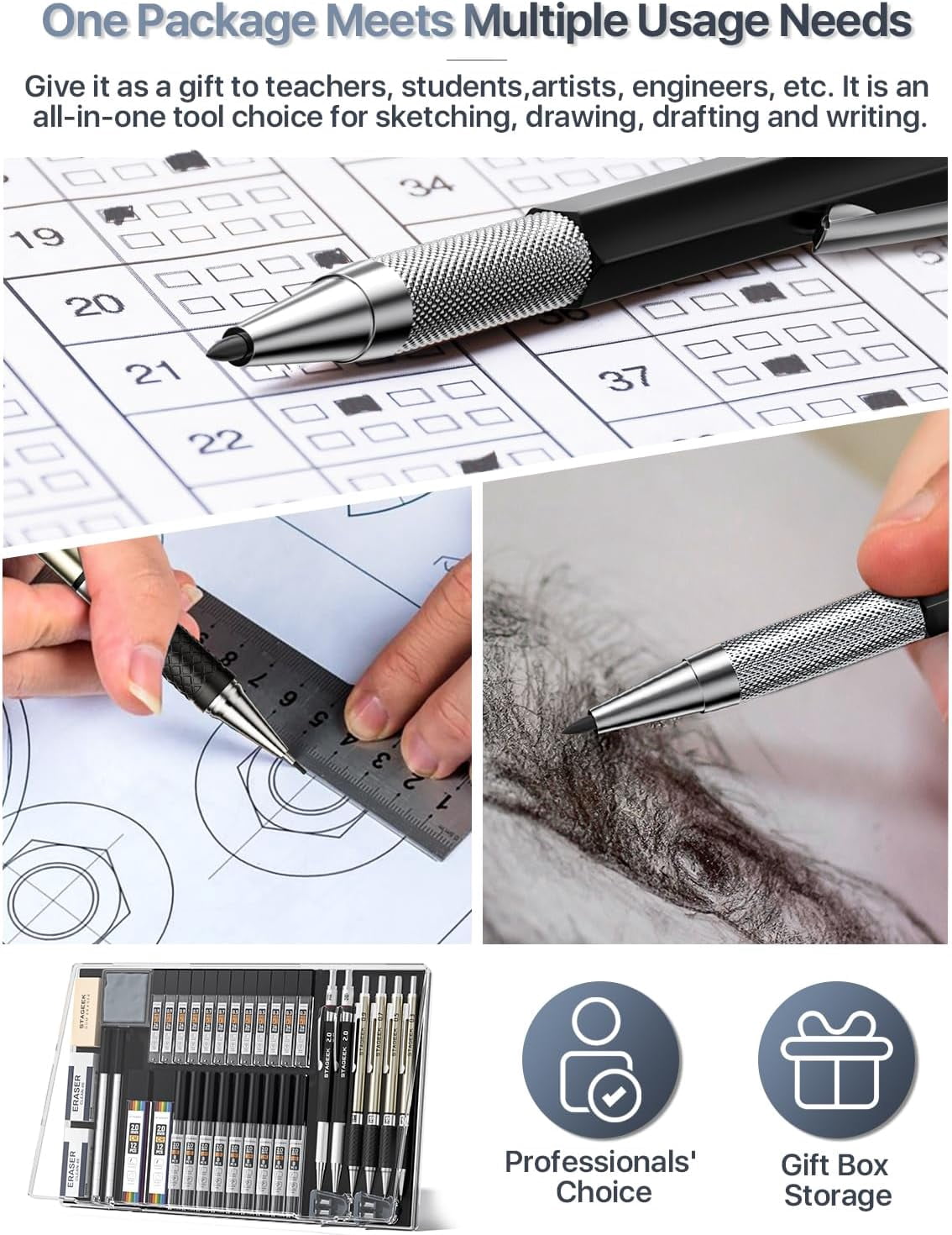 STAGEEK Mechanical Pencil Set for Drawing and Drafting, Professional Art Sketching Kit with 492 Lead Refills and Storage Case (Black, 37 Piece Set) u3el7