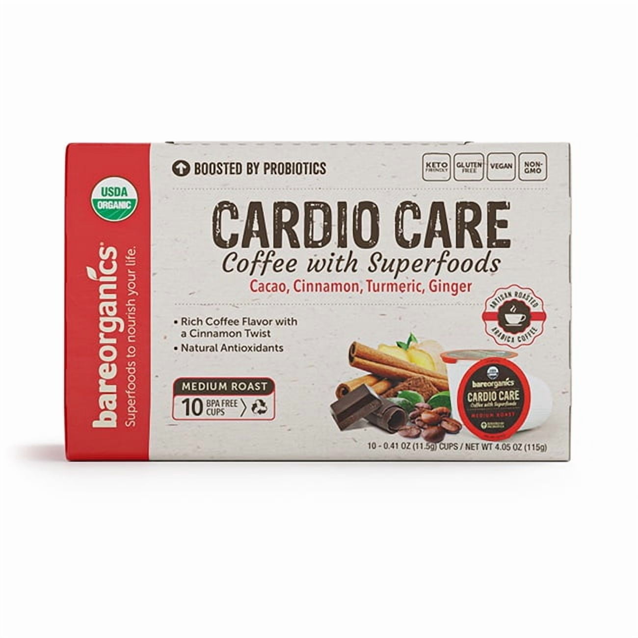 BareOrganics Cardio Care Organic Coffee Pods with Probiotics and Superfoods (10 Count, 4.87 oz) lep8f