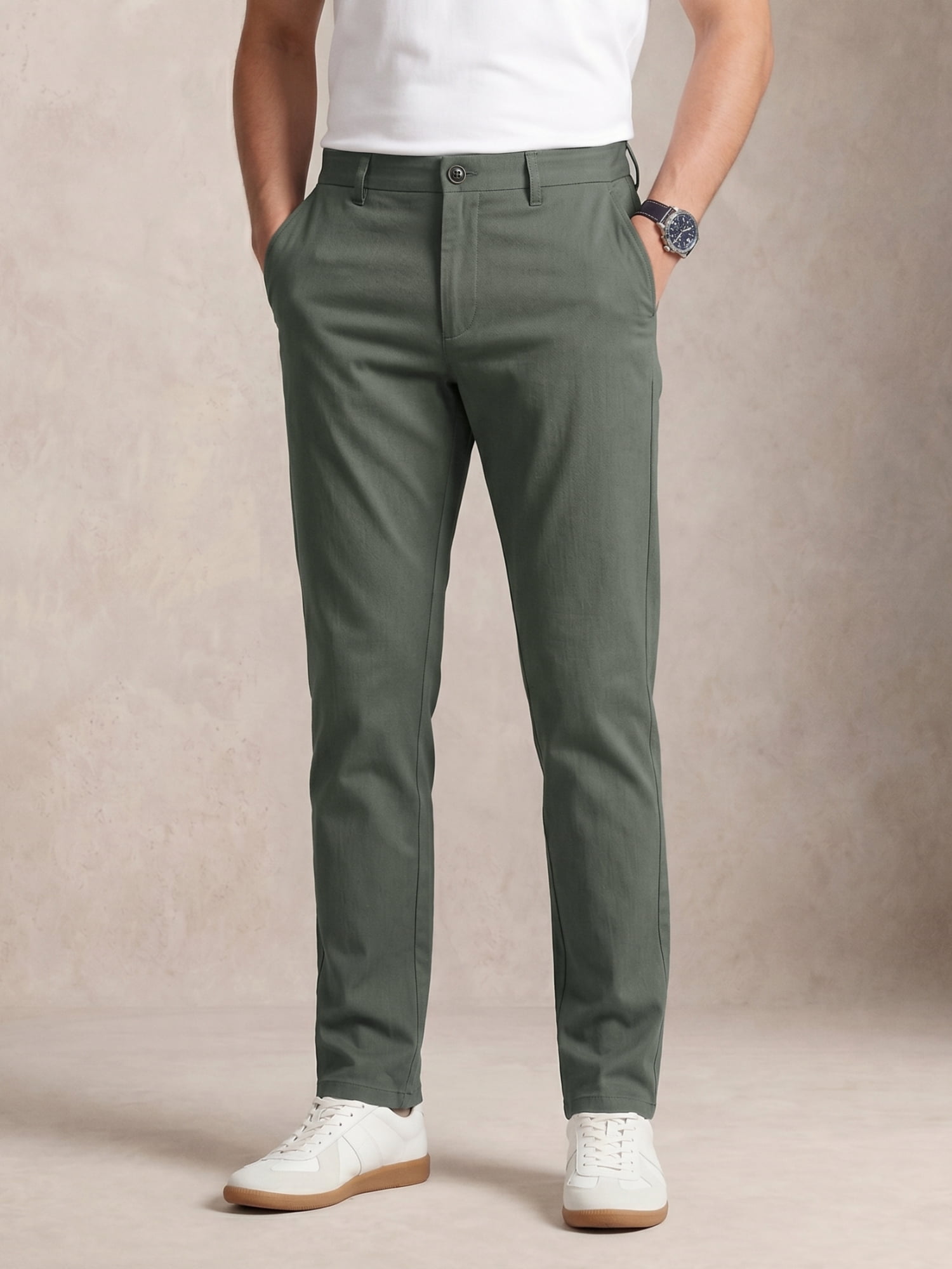 MEILIHUA Men's 4-Way Stretch Dress Pants Mid-Rise Straight Cut Elastic Waist (Green, 32x30) k6bsd
