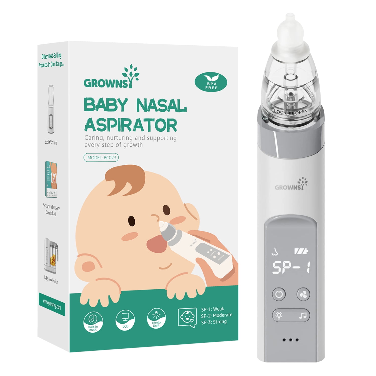 GROWNSY Baby Nasal Aspirator Electric Nose Cleaner with 3 Suction Levels (White, 1 Unit) hz5cr