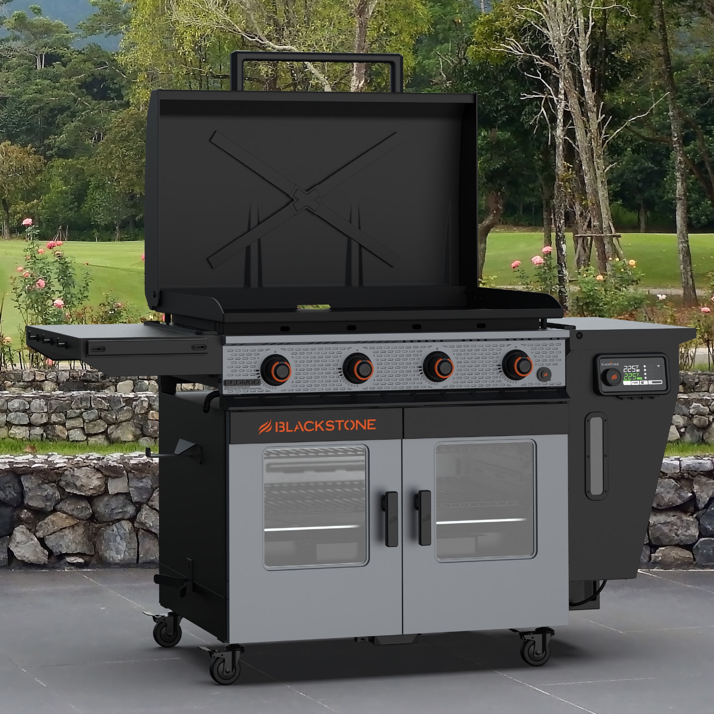 Blackstone Bronco Outdoor Combo Griddle, 36 in 4-Burner Flat Top Grill with Vertical Pellet Smoker (Grey) xh2mx