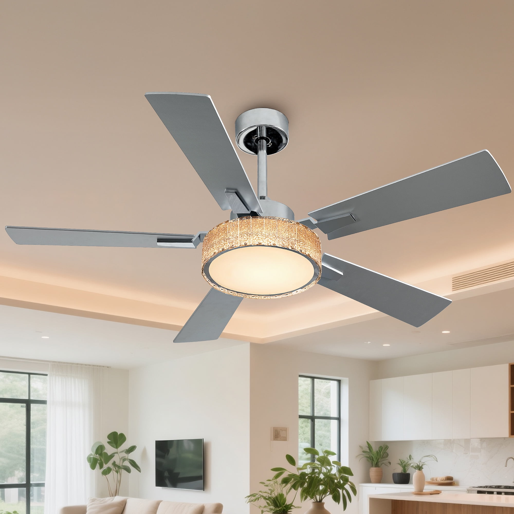 Craftian 52 Inch Smart Chandelier Ceiling Fan with LED Lights, App & Voice Control, Quiet DC Motor (Silver, 52 in) 6oo40