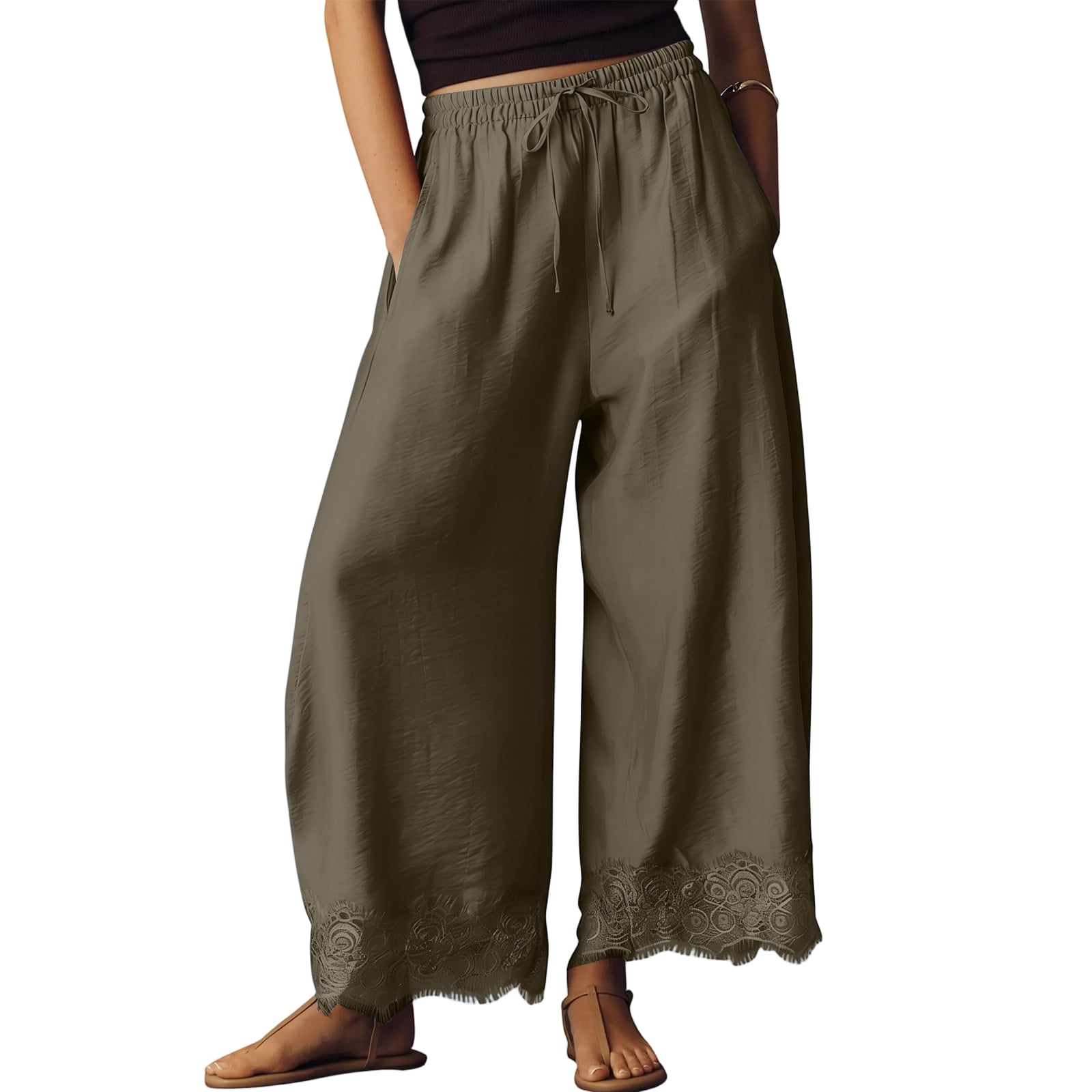 YOUNGEE Women's High Waisted Wide Leg Cropped Pants with Lace Hem and Pockets (Army Green, XL) gtg3o