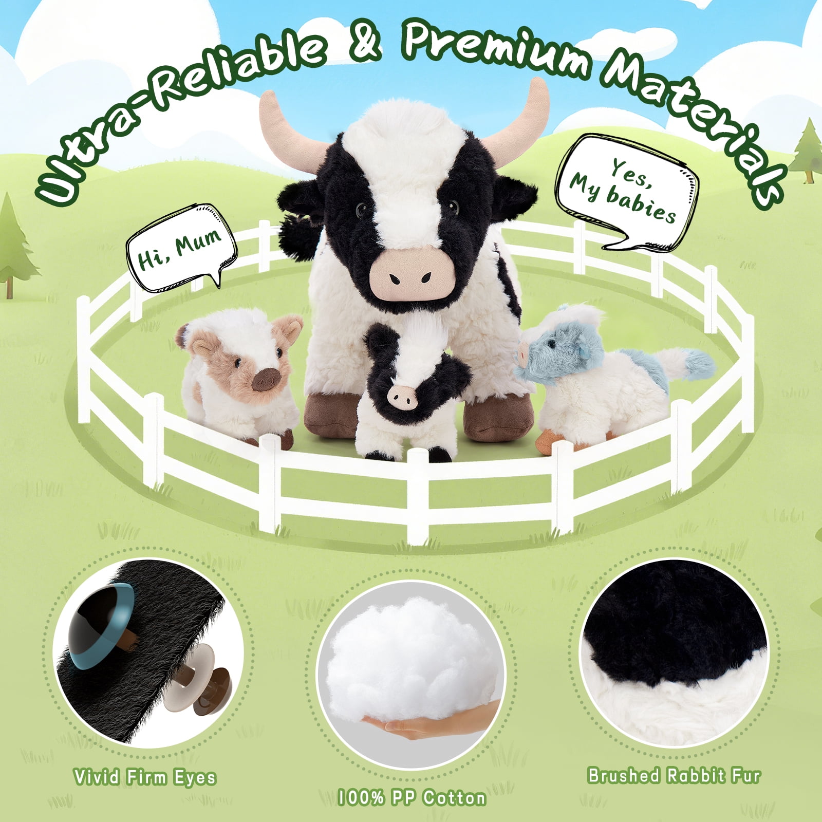 MorisMos Cow Stuffed Animal Set with 3 Baby Calf Plushies (White, 20.5 in) utivh