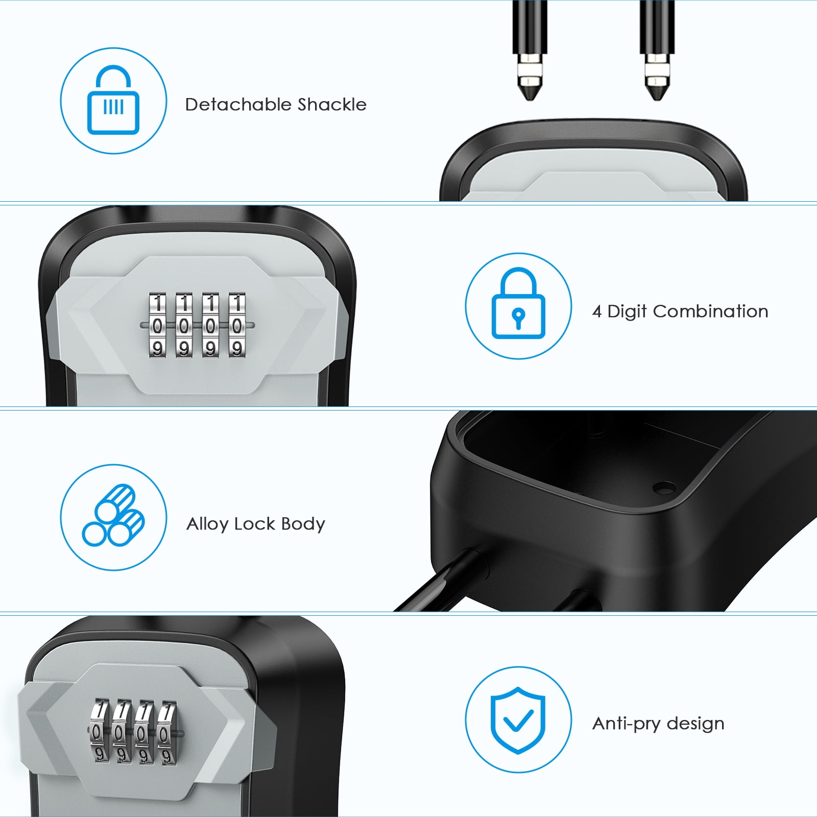 AMIR Key Lock Box with Removable Shackle, 4-Digit Combination Security Storage for Home and Garage (Silver) csart - Image 4