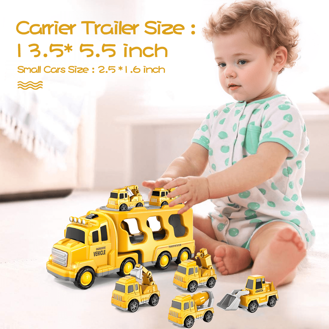 PayUSD 5-in-1 Construction Carrier Truck Set with Friction Power Vehicles (Yellow, 1 Set) qd7xg