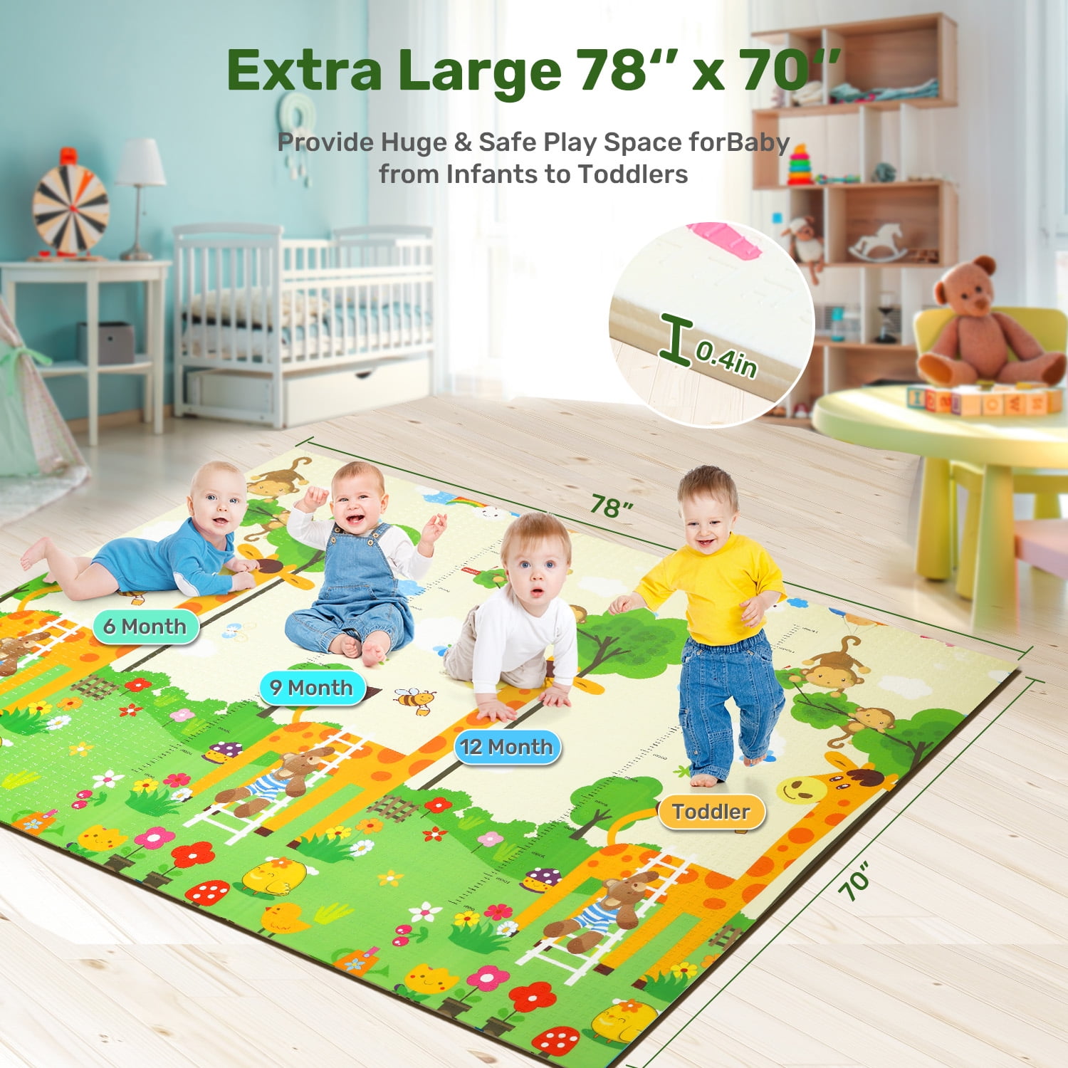 JoyStone Extra Large Reversible Foam Baby Play Mat, Non-Toxic Waterproof Crawl Mat for Toddlers (Animal Print, 78 in x 70 in) nenoq
