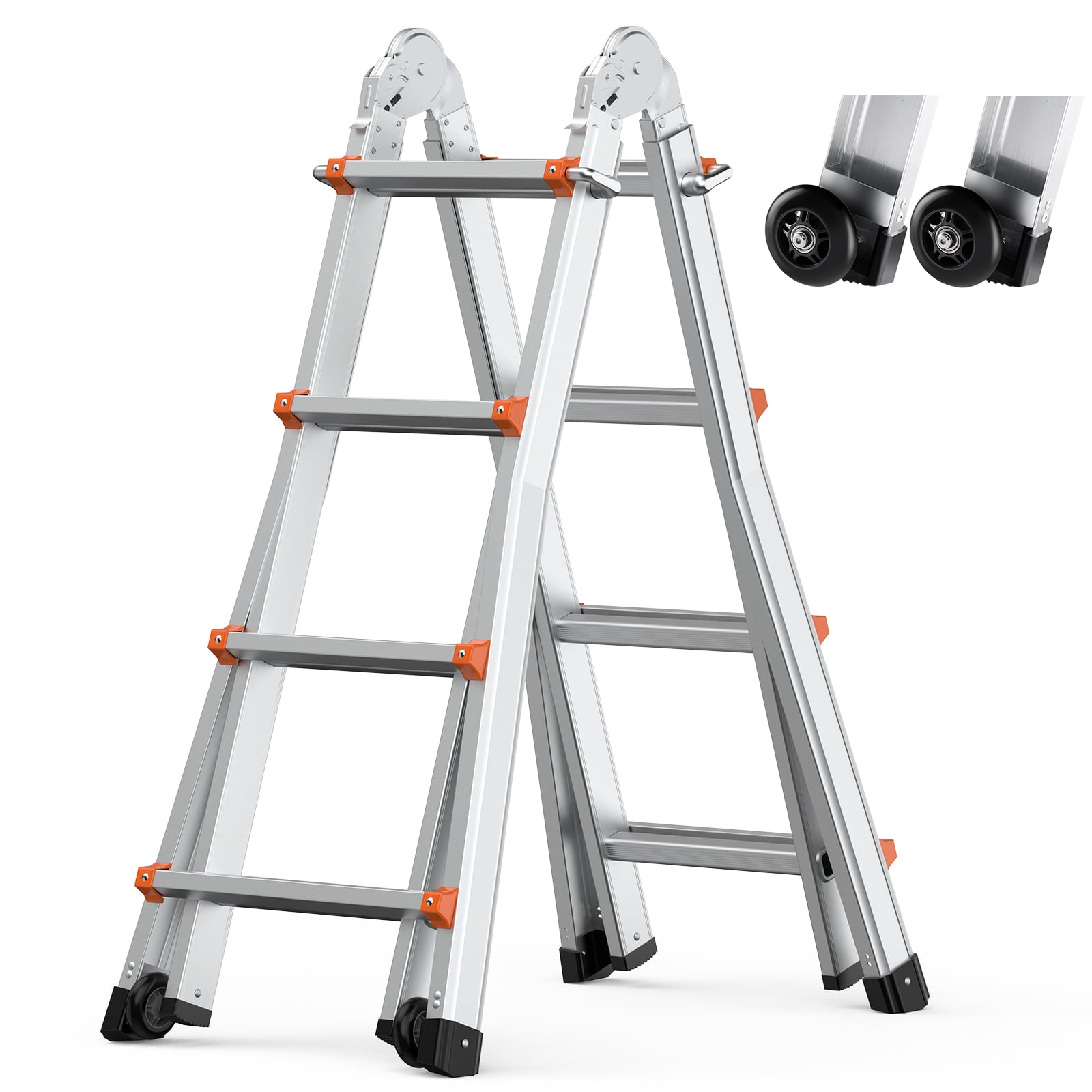 KFFKFF A-Frame Telescopic Extension Ladder, Multi-Purpose Aluminum Foldable Ladder for Home and RV (Silver, 15 ft) 2lz24