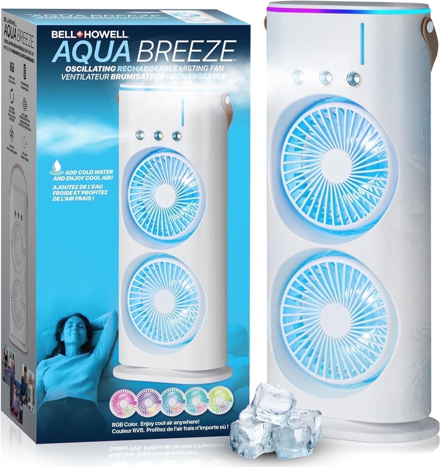 Bell + Howell Aqua Air Misting Fan Portable Rechargeable Cooling Fan (White, 1 Unit) 96ezi