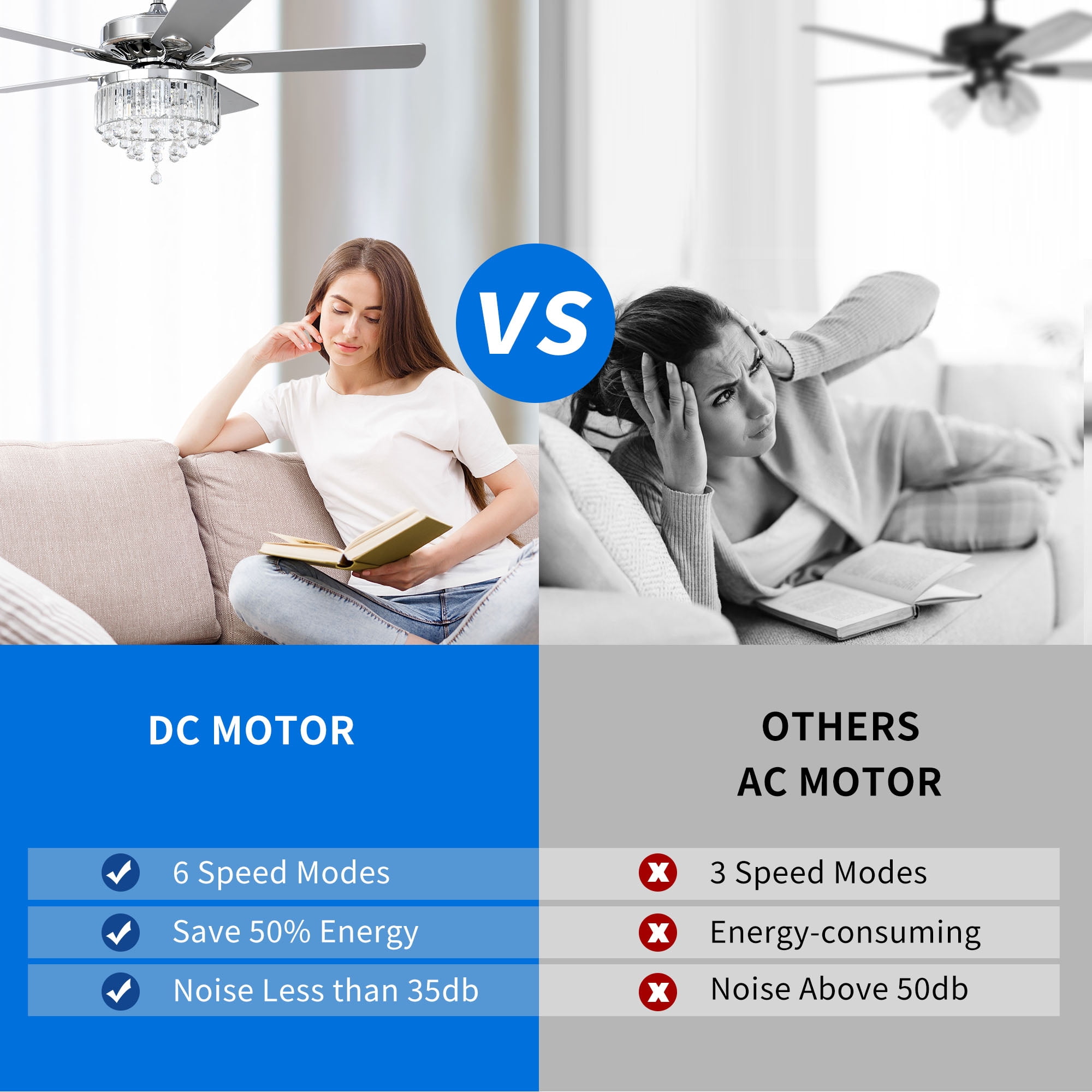 Dextrus 52 in Chandelier Ceiling Fan with Remote, Crystal Light Fixture, Silent Reversible Motor, Chrome (52 in) 6qwa1