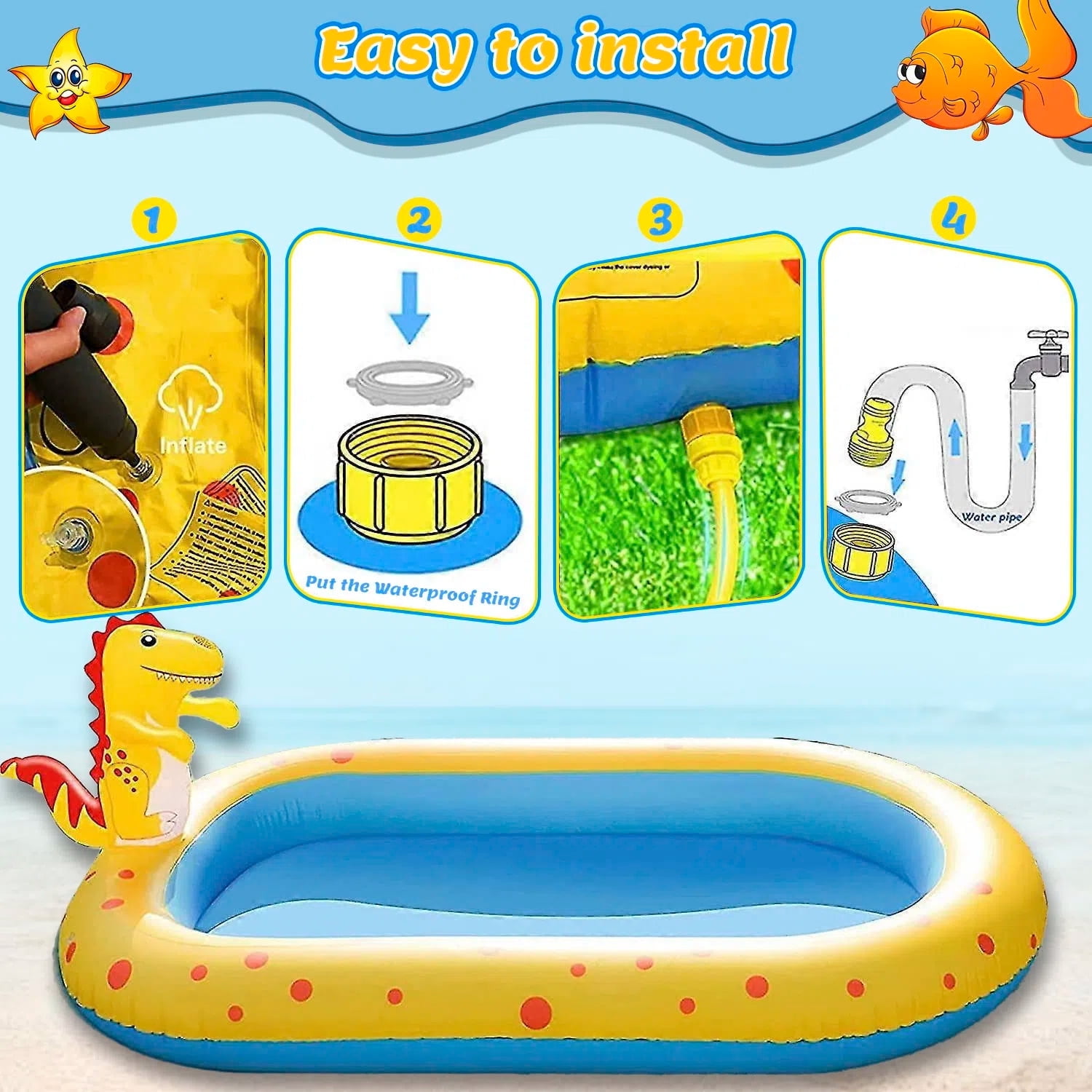 Teblint Inflatable Dinosaur Sprinkler Pool for Kids, Outdoor Water Play Center with Spray Features (Blue-Yellow, 67 in x 41 in x 26 in) ya4c7