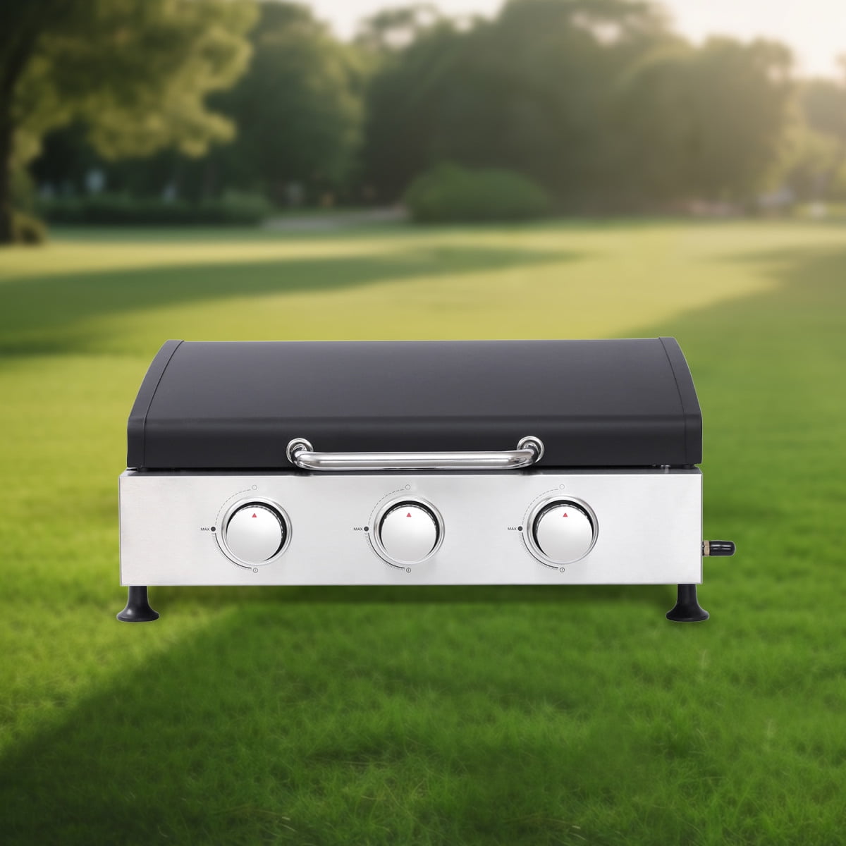 GORTES 3-Burner Gas Grill, Stainless Steel Outdoor BBQ with Teppanyaki Plate and Cast Iron Grates (Silver, 391 sq. in.) 3i5t0