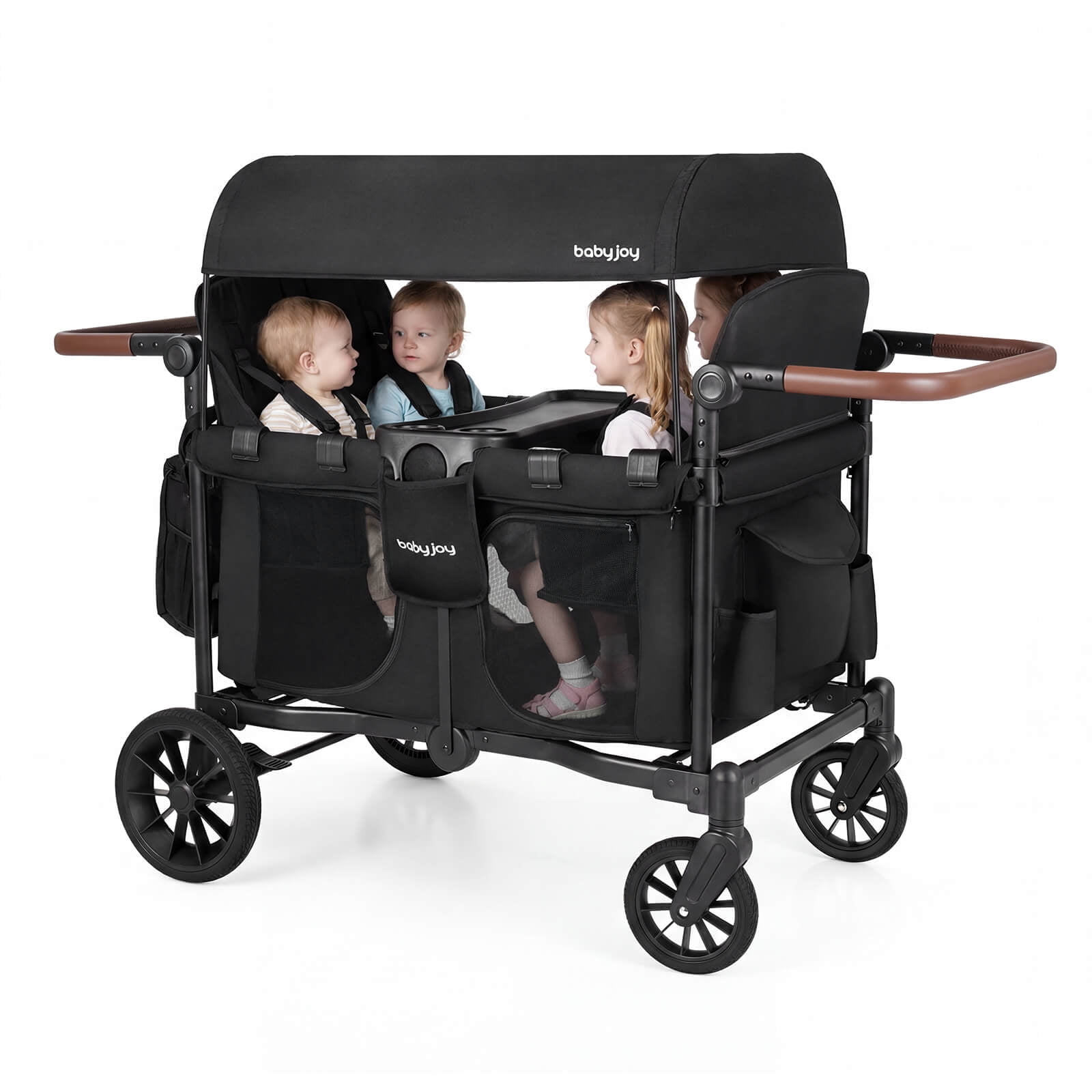 Costway 4-Seater Wagon Stroller, Foldable Push-Pull Toddler Stroller with Removable Canopy (Black, 4-Seater) 0d9fk