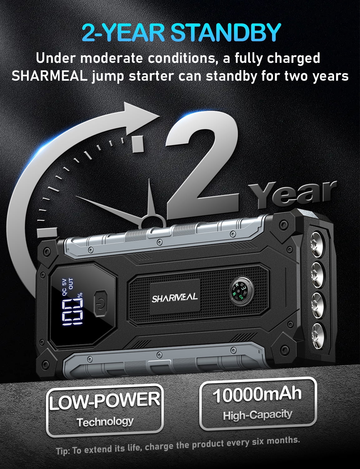 Sharmeal 7000A Portable Car Jump Starter Battery Booster Pack for Gas and 10.0L Diesel Engines (10000mAh) dwlkw