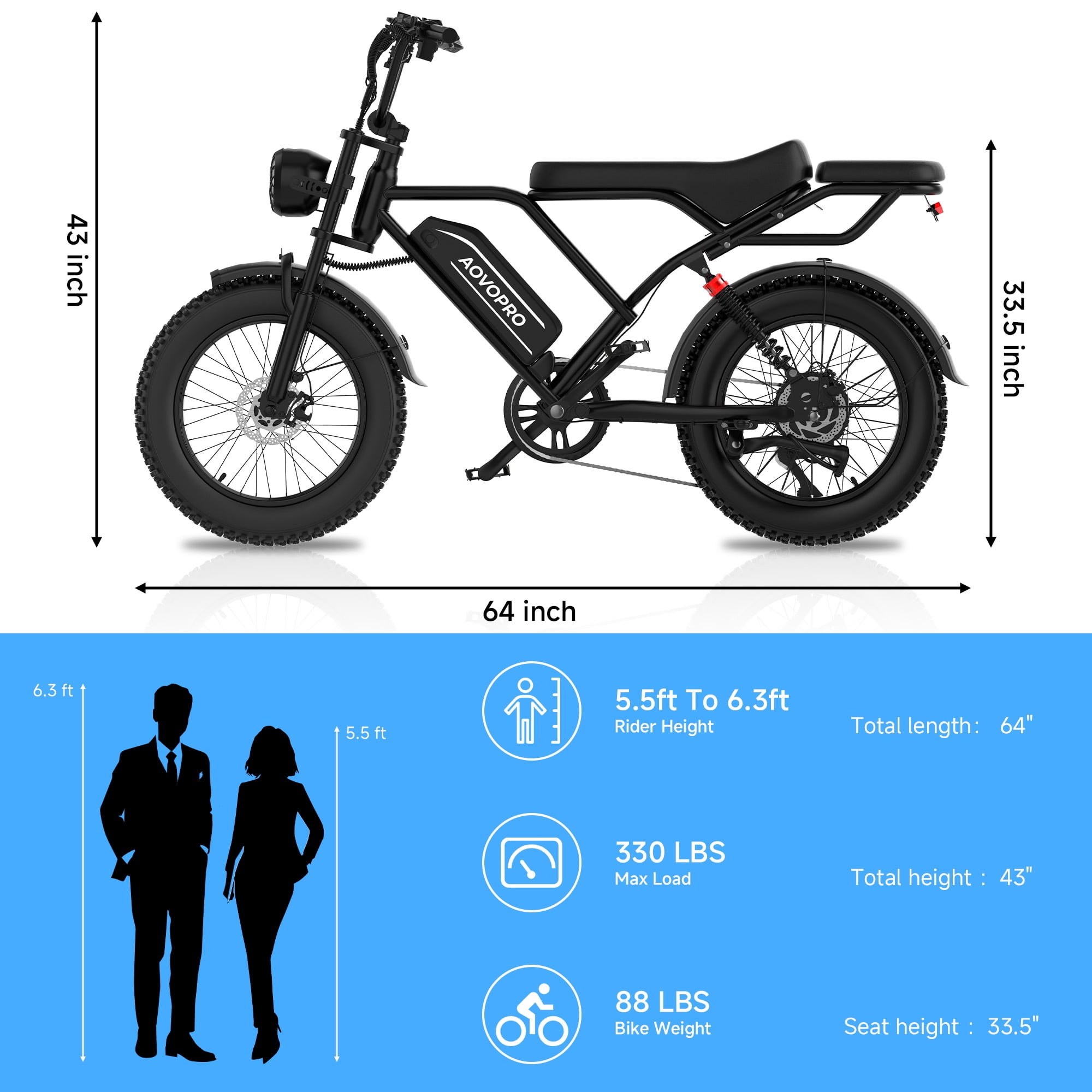 AOVOPRO AP20 Electric Bike for Adults, 750W Off-Road E-Mountain Bike with 20 x 4 in Fat Tires (Black, 48V 18Ah) gg6ag