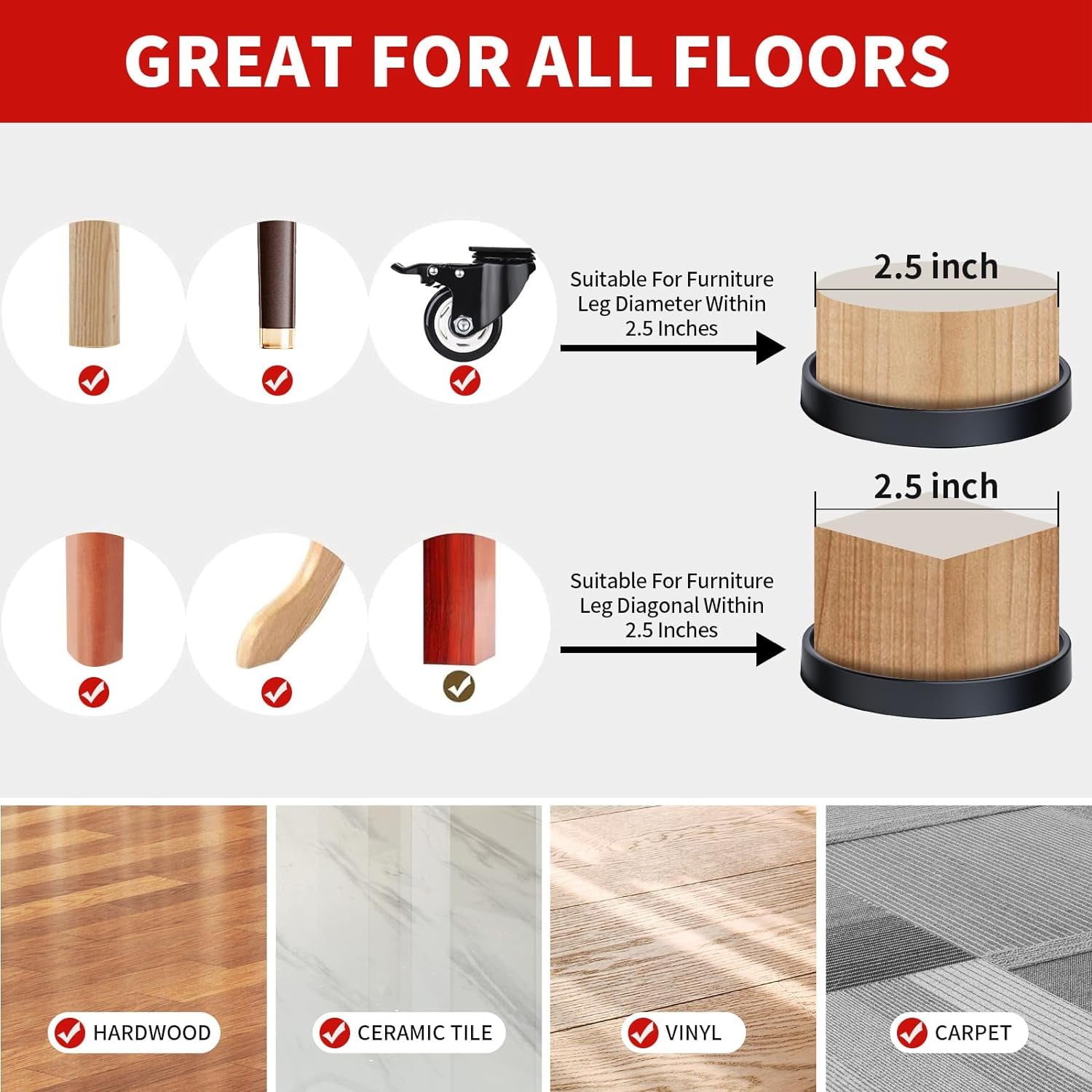 Ezprotekt Non-Slip Furniture Coasters for Hardwood Floors, Heavy-Duty Rubber Floor Protectors for Bed and Couch (Black, 2.5 in, 8 Pack) 7d0ev