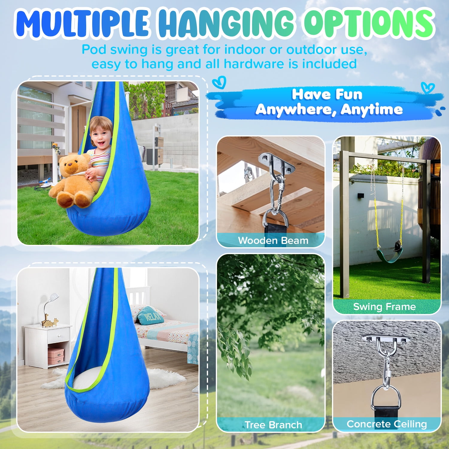 UQN Kids Pod Swing Seat, LED Light Up Hanging Hammock Chair with Inflatable Pillow, Sensory Swing for Indoor and Outdoor Use (176 lb Capacity) svgl9