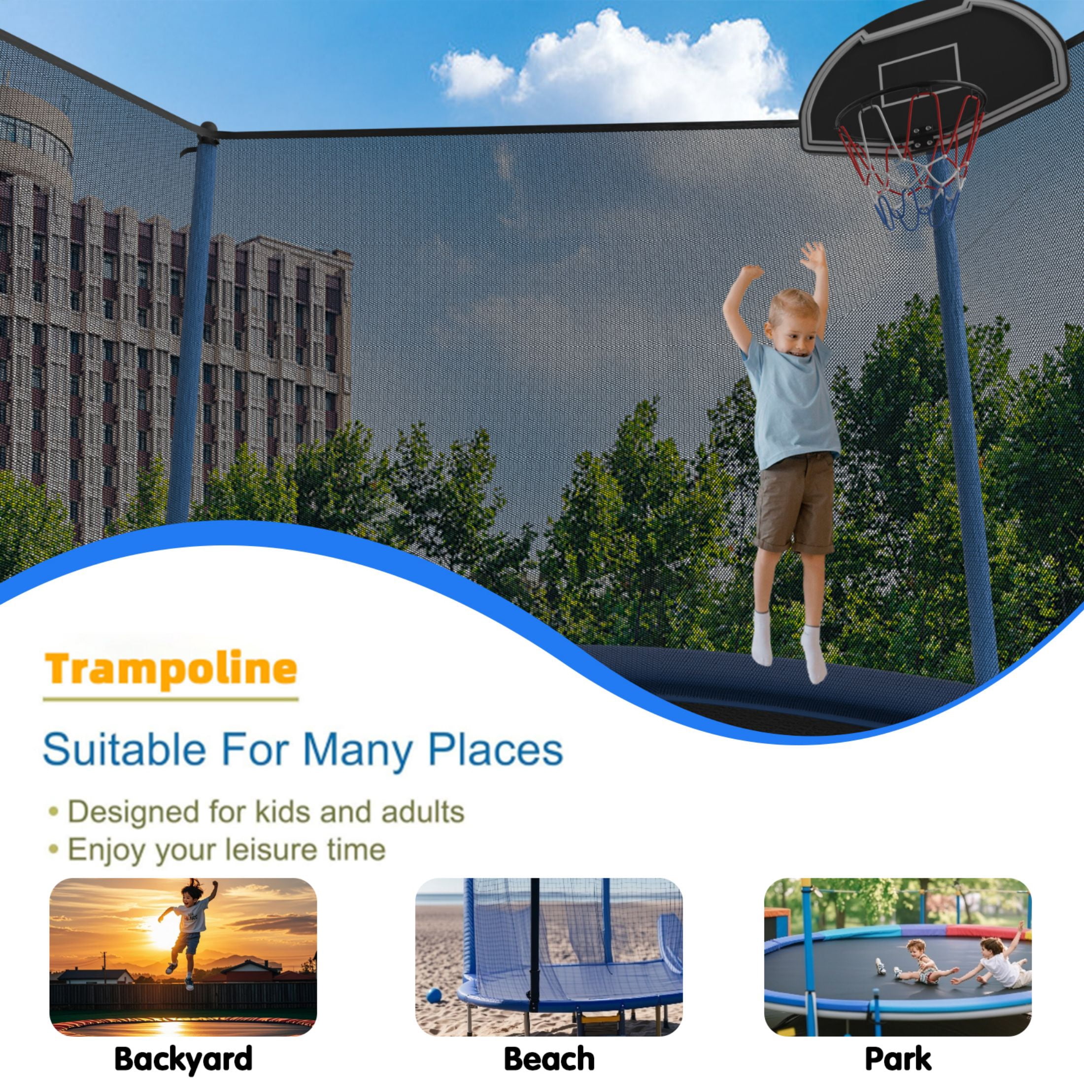 SENCHO GINSYTALIOR Round Outdoor Trampoline with Enclosure Net and Basketball Hoop (Blue, 14 ft) 5l0bm