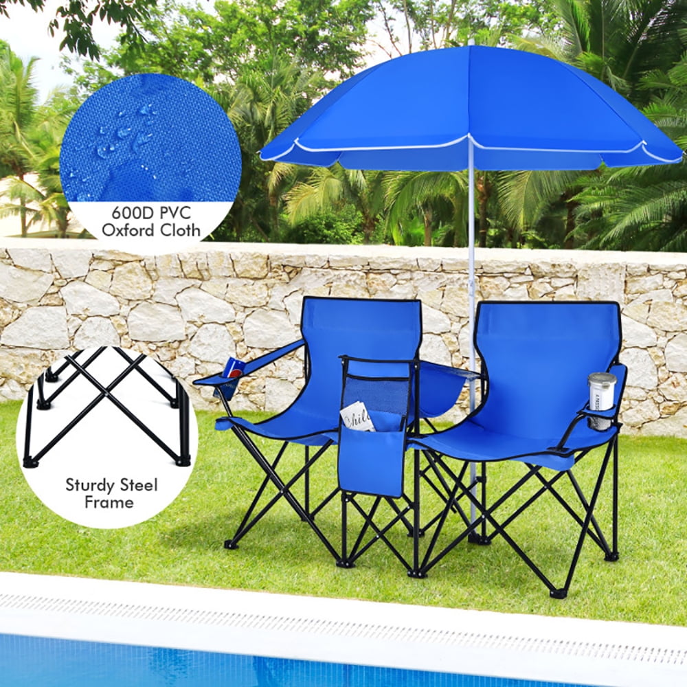 YYAo Double Folding Camping Chair with Umbrella and Cooler Bag (Blue, 2-Seat) 0x3dx