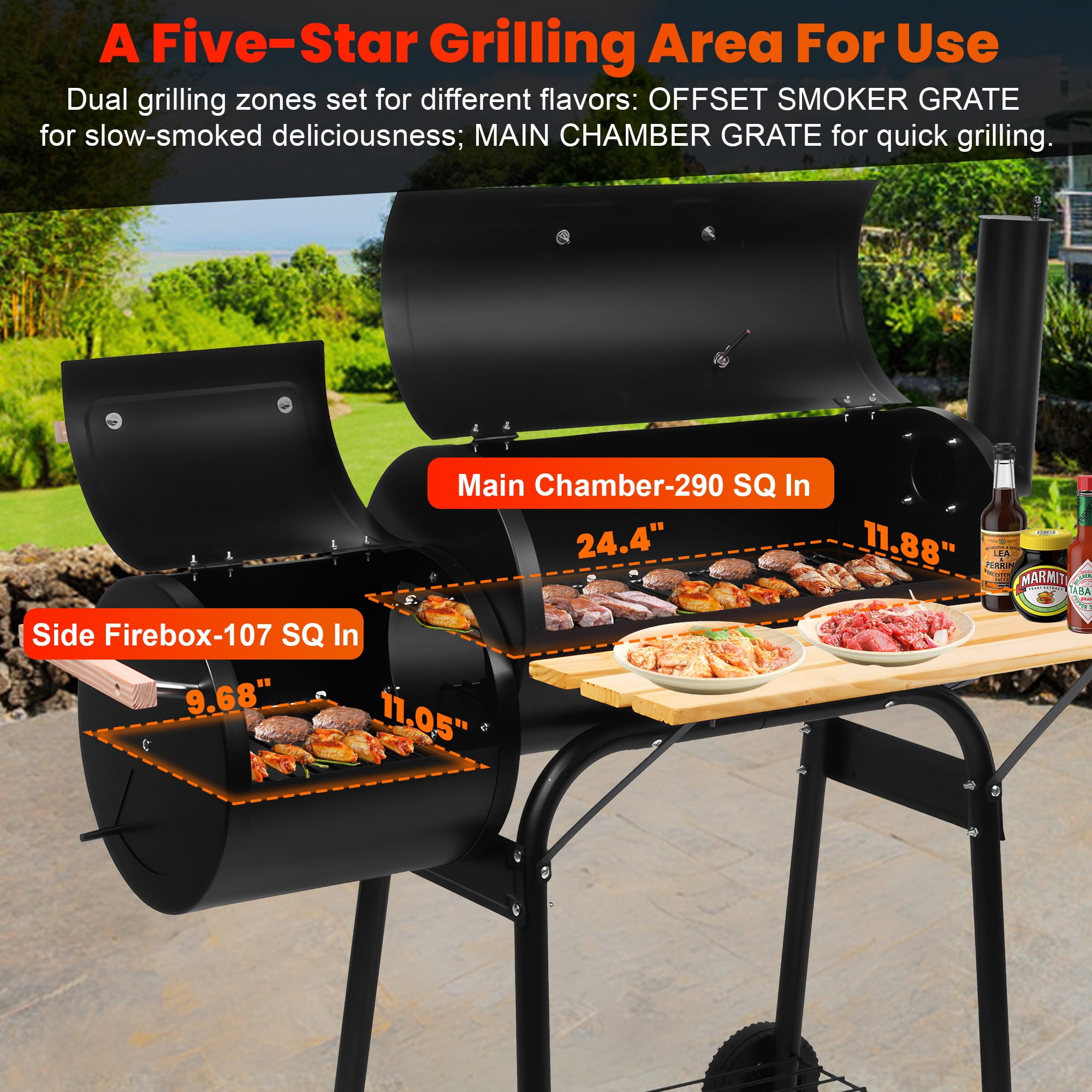 Seizeen Charcoal Grill with Offset Smoker, Outdoor BBQ Grill with Side Table (Black, 44 in x 25 in x 45 in) dq2j8