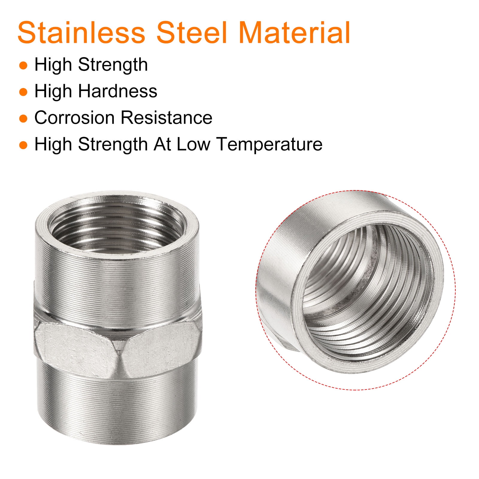 Uxcell G1/2 Female to Female Thread Hex Stainless Steel Pipe Fitting Connector (Silver, 1.26 in x 1.14 in) p6eft