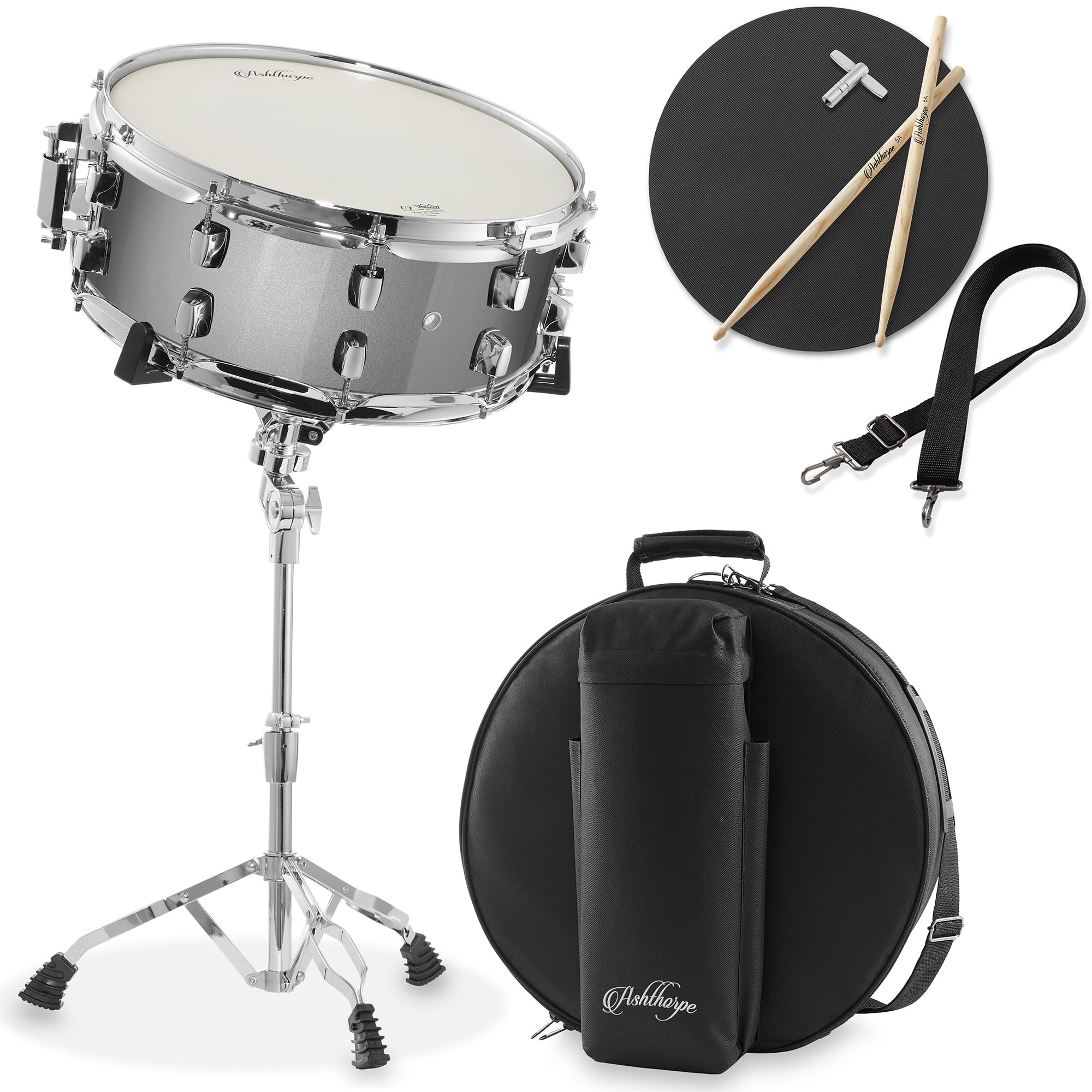Ashthorpe Snare Drum Set with Remo Head and Stand (Silver, 14 in x 6 in) ci8rc