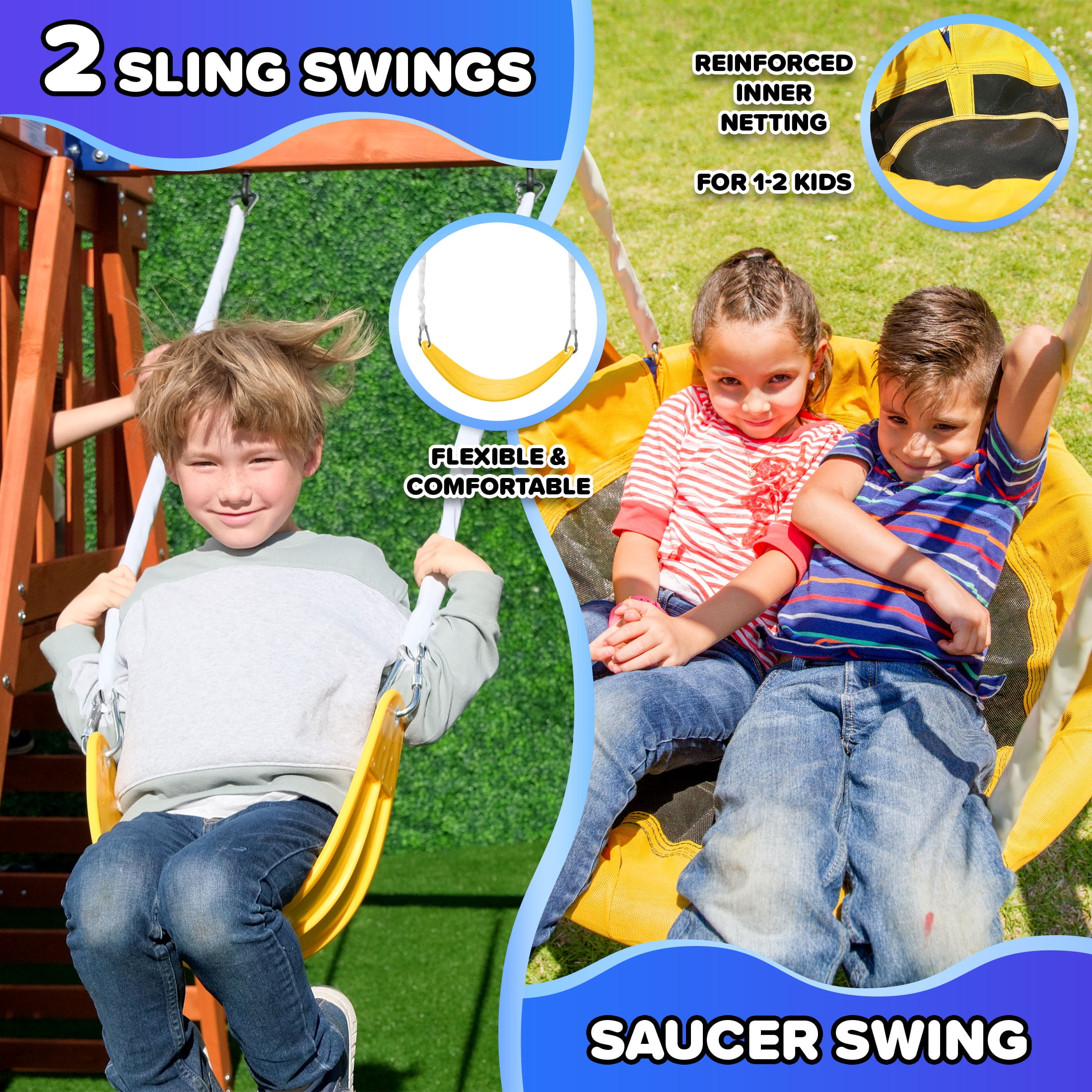 Sportspower Willow Creek Wooden Swing Set with Saucer Swing, Play Fort, Sandbox, and 8 ft Slide (One Size) 6wayx
